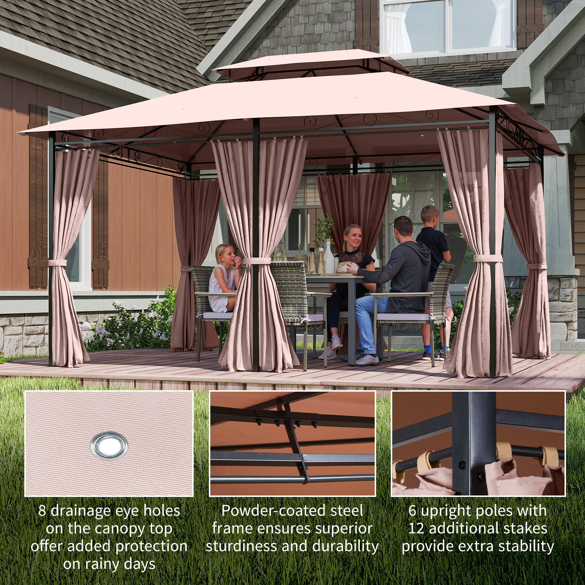 Outsunny 4m x 3(m)Garden Gazebo, Double Roof Outdoor Gazebo Canopy Shelter with Curtains, Solid Steel Frame for Patio, Garden, Brown 6