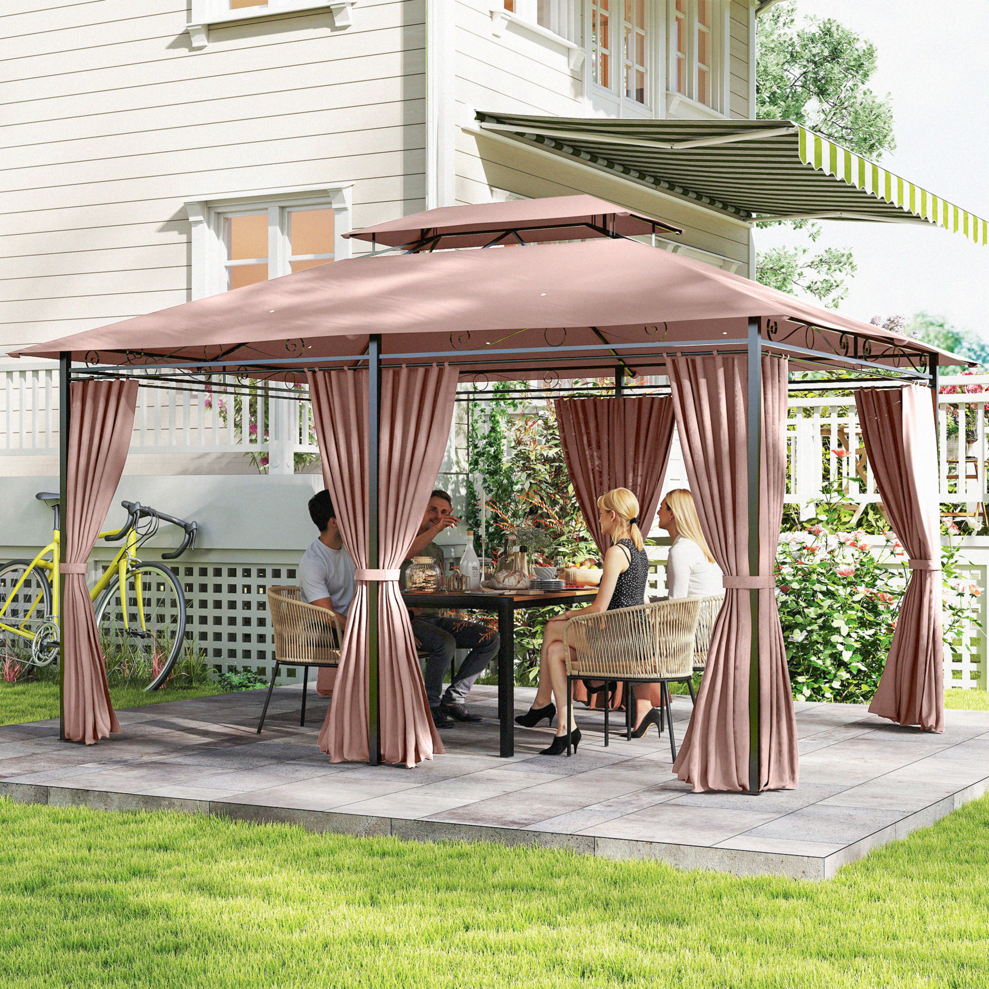 Outsunny 4m x 3(m)Garden Gazebo, Double Roof Outdoor Gazebo Canopy Shelter with Curtains, Solid Steel Frame for Patio, Garden, Brown 2