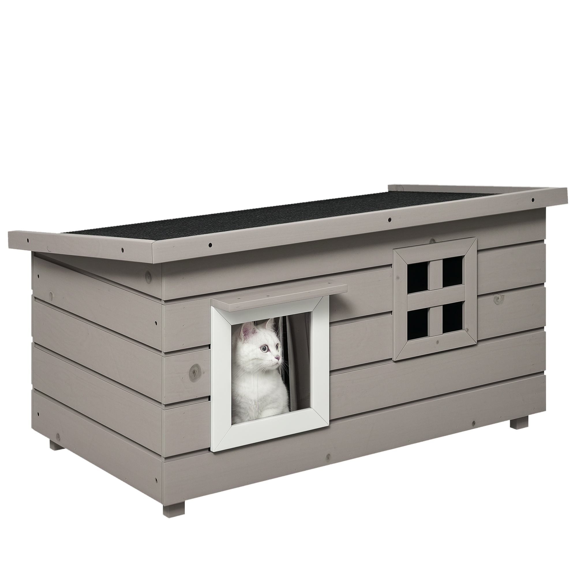 Casa din lemn pentru pisici Pawhut, Canisa de adapost ridicata pentru pisici, Casuta de joaca pentru animale de companie, cu acoperis de asfalt, Cortina din PVC, Fereastra, 87 x 52 x 48 cm, Gri | Aosom Romania