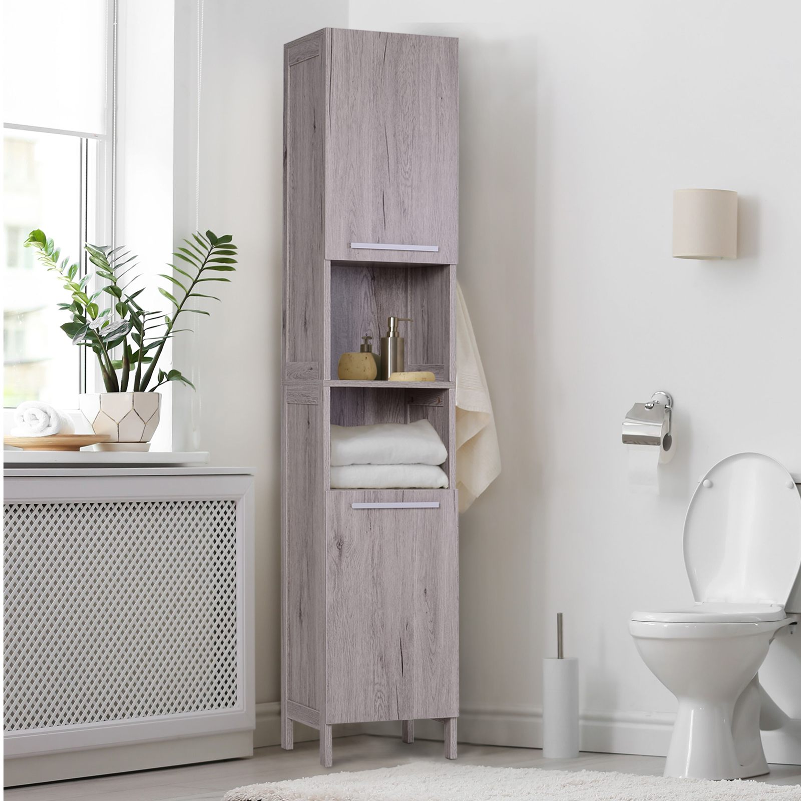 Kleankin Meuble Colonne Salle De Bain 180cm - Armoire Haute Avec Miroir, 2 Placards Et 6 Niches, Blanc
