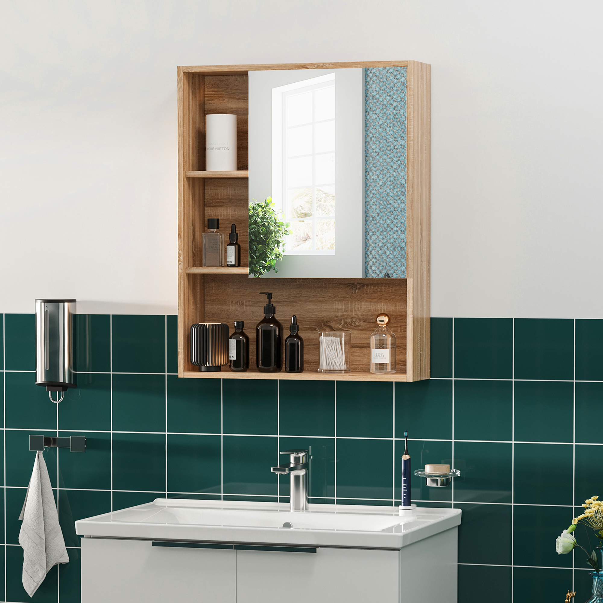 LIANWANG Armoire De Salle De Bain Avec Miroir 40x55cm - Blanc Avec Étagères En Verre