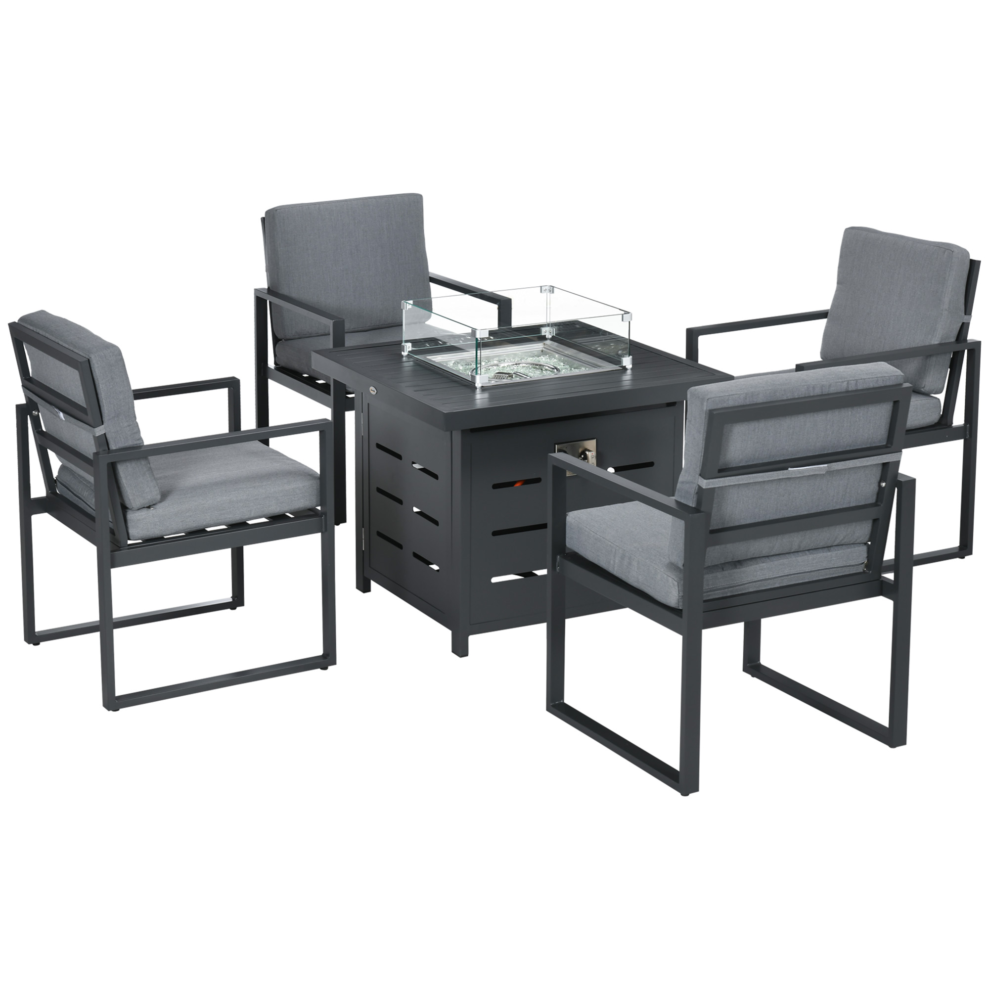 Outsunny 5-Piece Aluminium Garden Furniture Sets, 4 Seater Outdoor Conversational Dining Set with Gas Fire Pit Table Cushions for Yard, Poolside, Patio, Grey