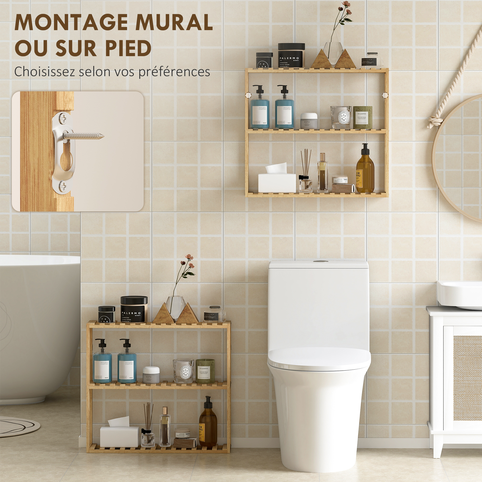 HOMCOM Étagère Salle De Bain Bambou 3 Niveaux - Rangement Réglable Mural Ou Sol - Naturel Pour Cuisine Et Salon