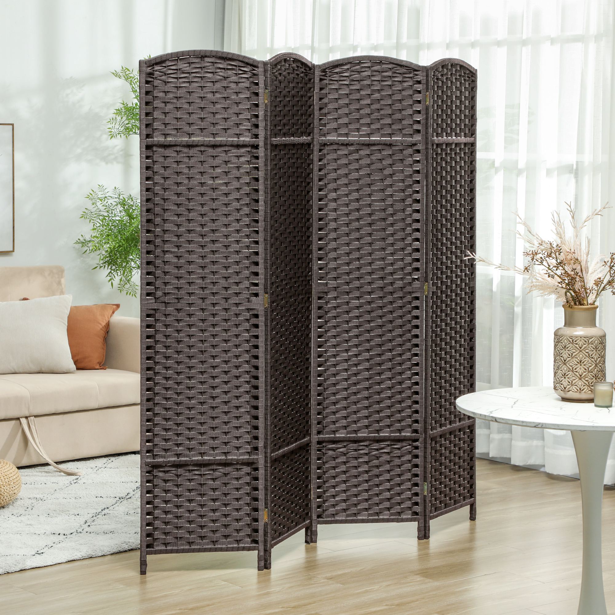HOMCOM 4 Panel Folding Room Divider, Freestanding Privacy Screen for Living Room, Bedroom and Office, 160 x 170cm, Brown 2