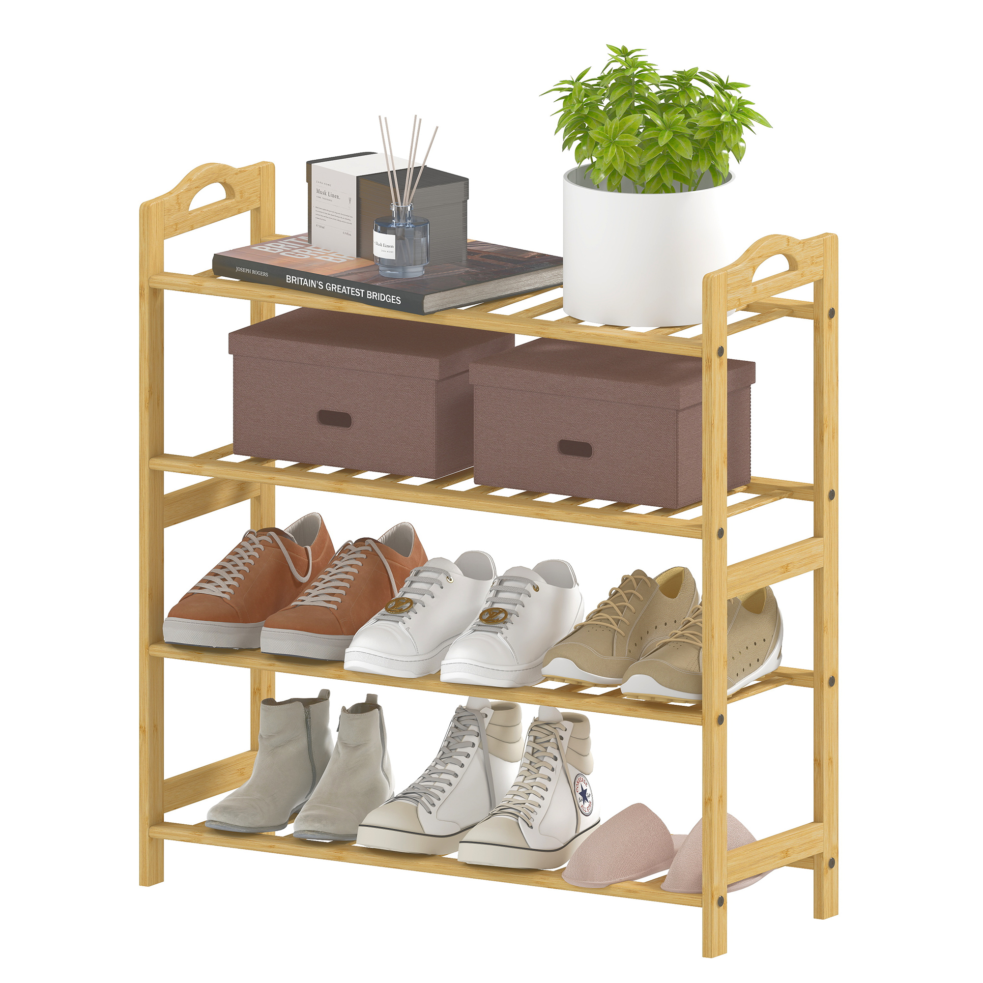 HOMCOM Étagère à chaussures en bambou à 4 niveaux porte-chaussures capacité 12 paires, 67,5 x 24,7 x 72 cm, effet bois naturel