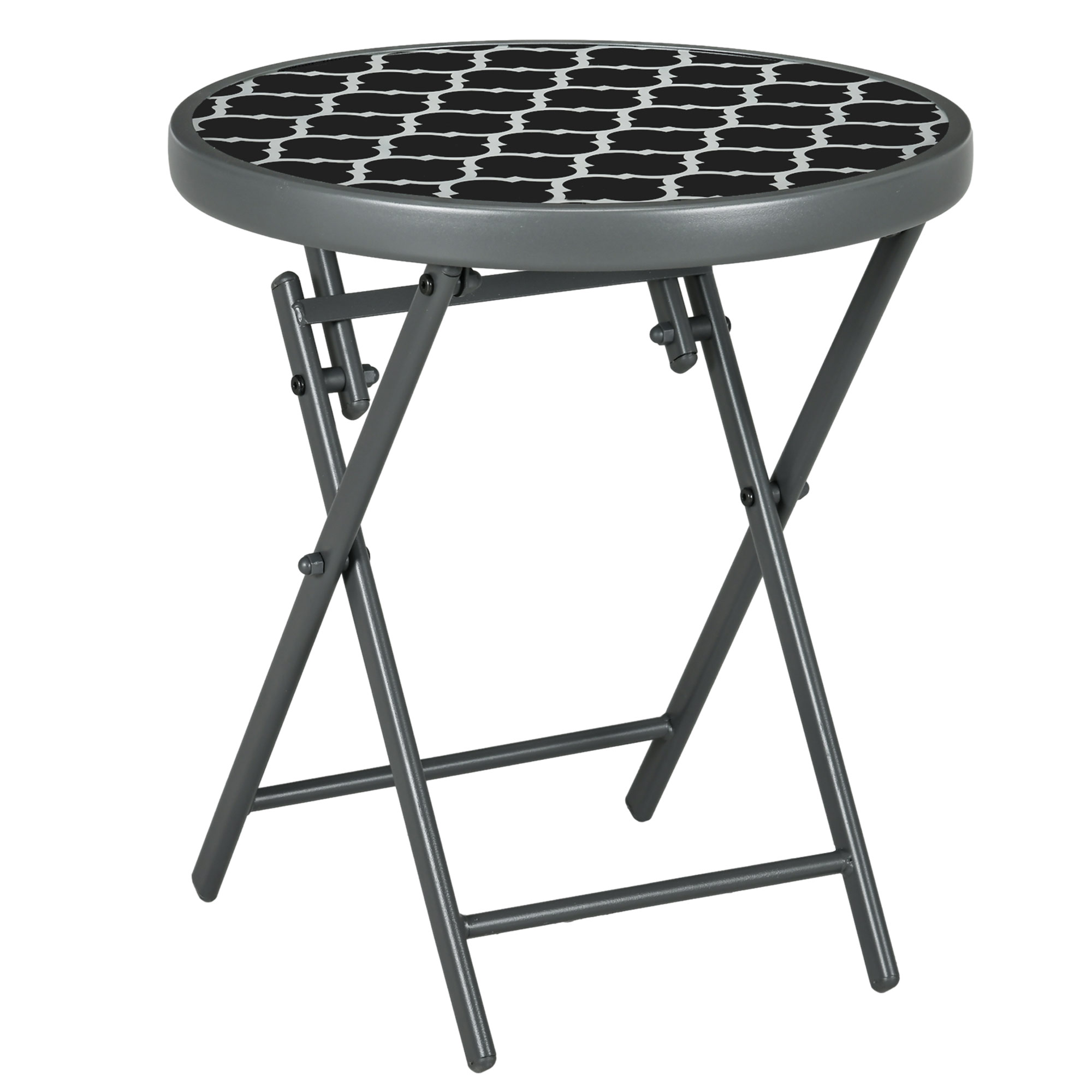 Outsunny Φ45cm Garden Side Table, Outdoor Round Folding Patio Table with Imitation Marble Glass Top, Small Coffee Table, Black and White