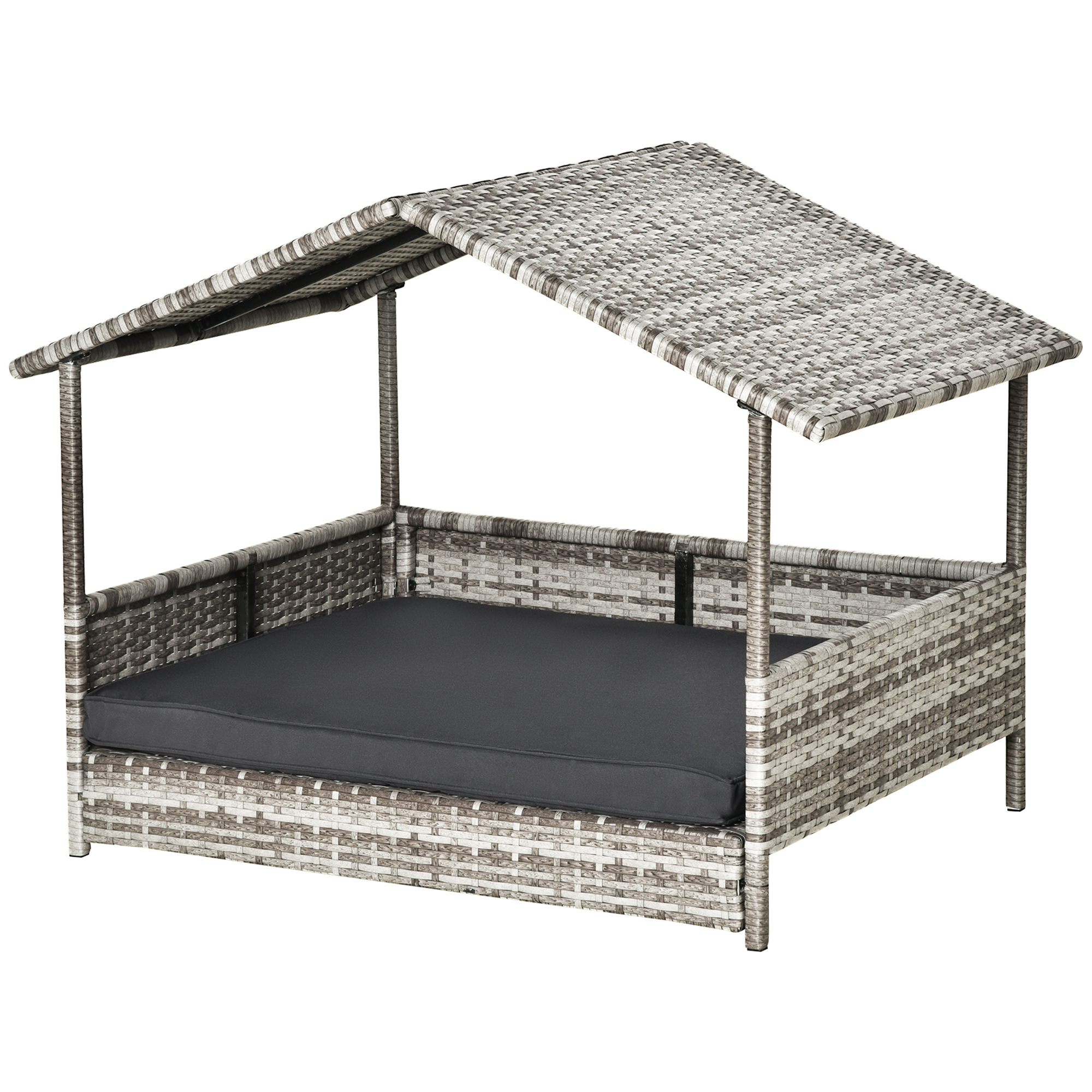 PawHut Wicker Dog House, Rattan Pet Bed, with Removable Cushion, Canopy, for Small and Medium Dogs - Cream