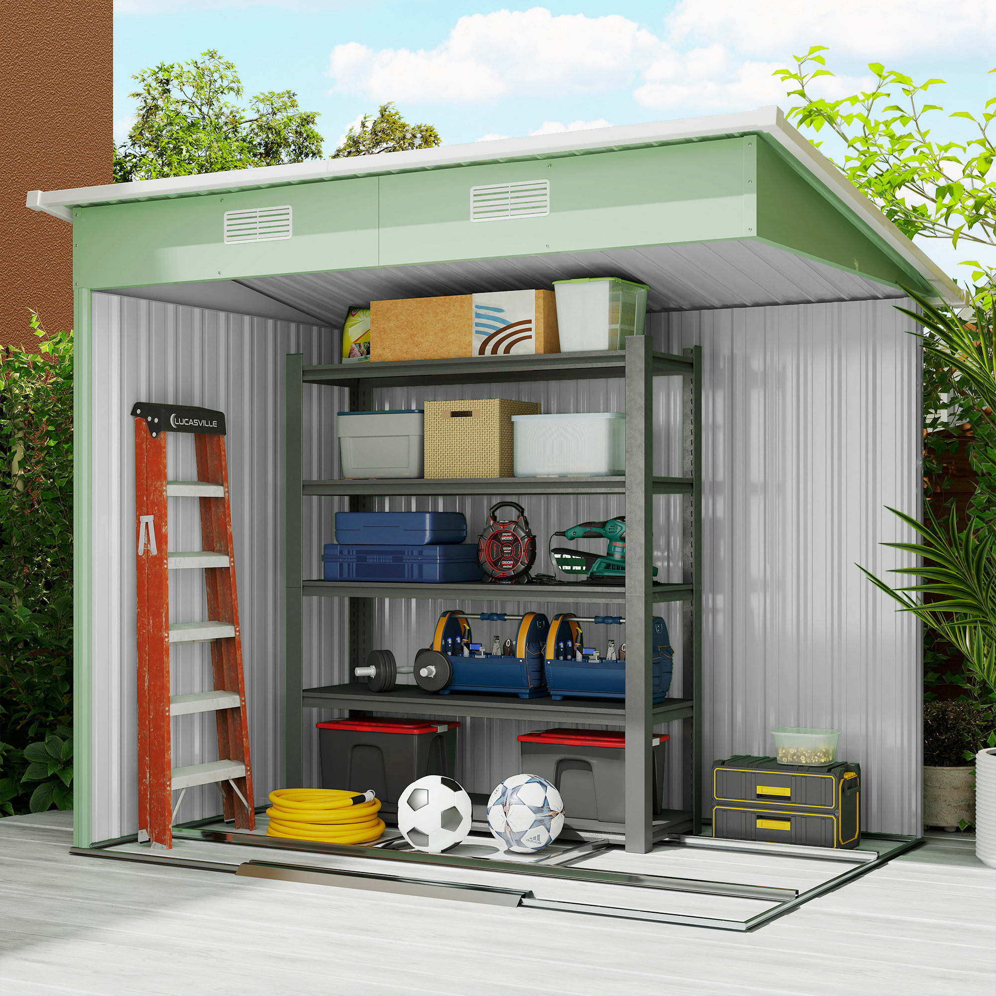 Outsunny 7 x 4ft Outdoor Garden Metal Storage Shed, Tool Storage Box for Backyard, Patio and Lawn, Light Green 8