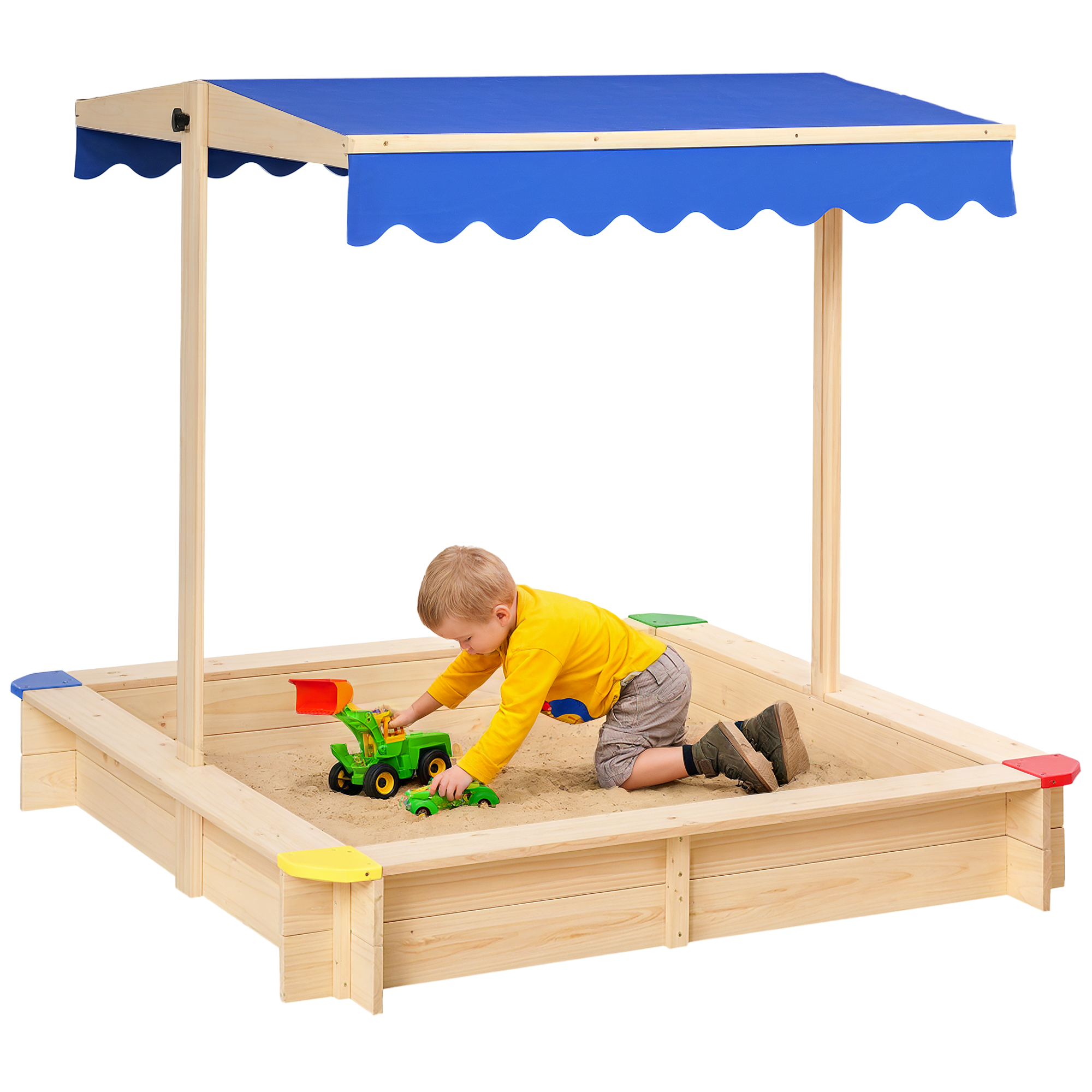 Image of Outsunny Sabbiera per Bambini in Legno con Panca e Tettuccio Parasole Regolabile, 120x120x120cm, Colore Legno e Blu Aosom006