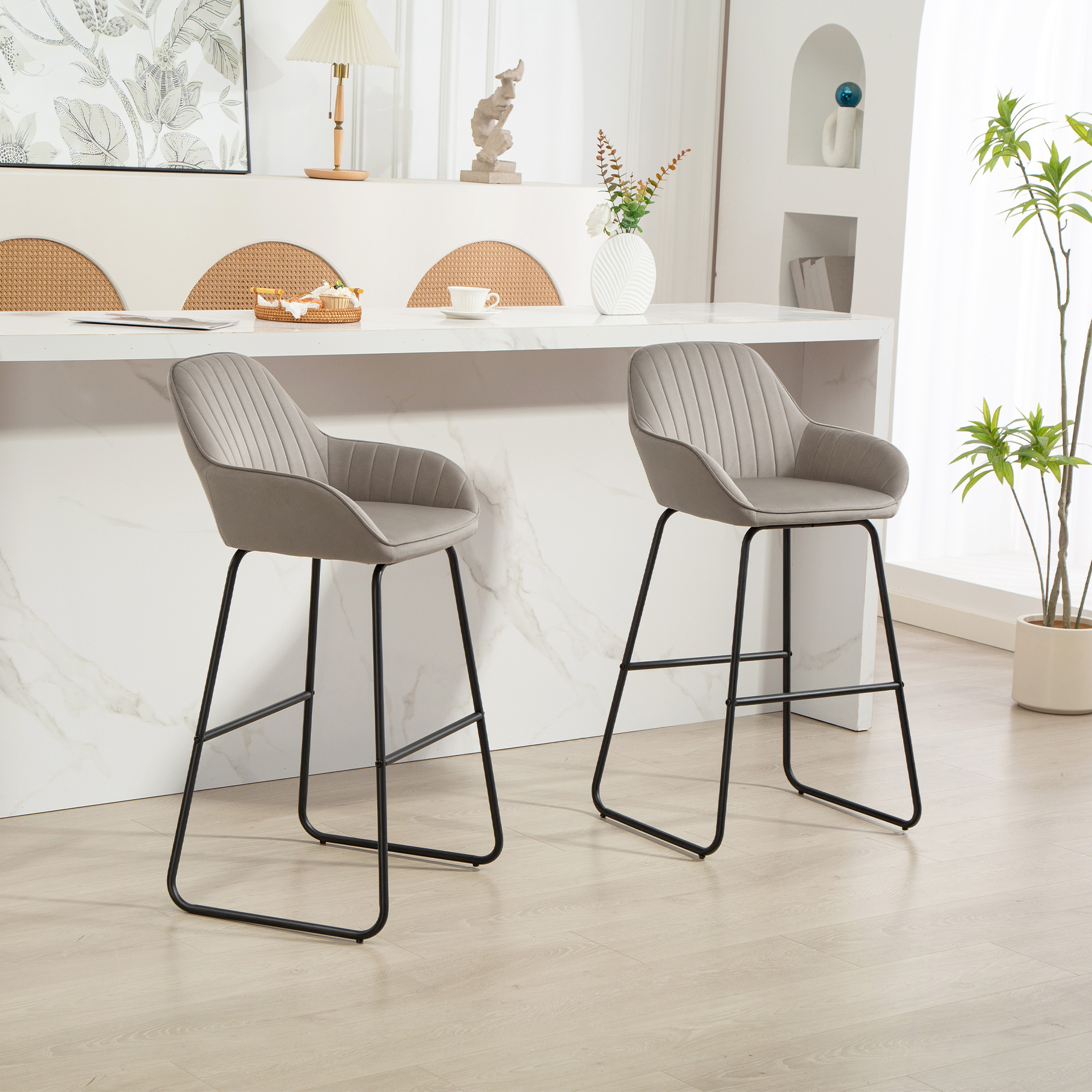 HOMCOM Ensemble de 2 Tabourets de Bar, Tabouret de Bar avec Revêtement en Tissu et Rembourrage en Mousse, Tabouret Rembourré avec Pieds en Métal, Gris