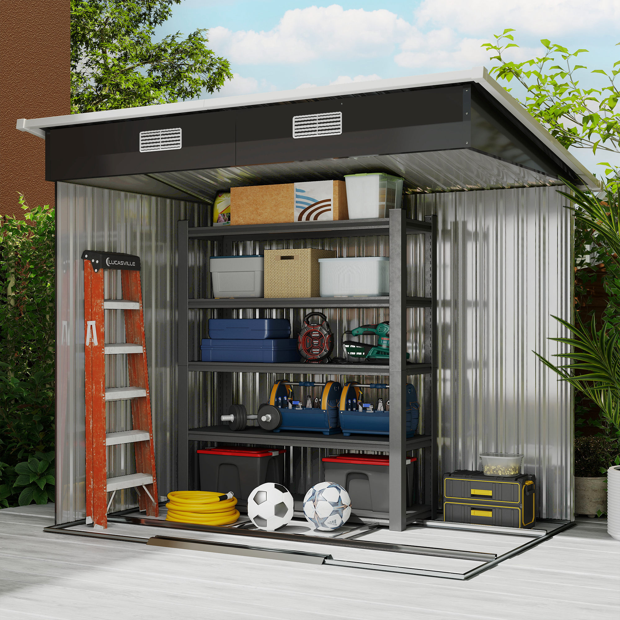 Outsunny 7 x 4ft Outdoor Storage Shed with Foundation Kit, Lean to Metal Garden Shed for Log, Rubbish Bin, Tool, Lawnmower, Bike, Patio and Lawn Use, Black 8
