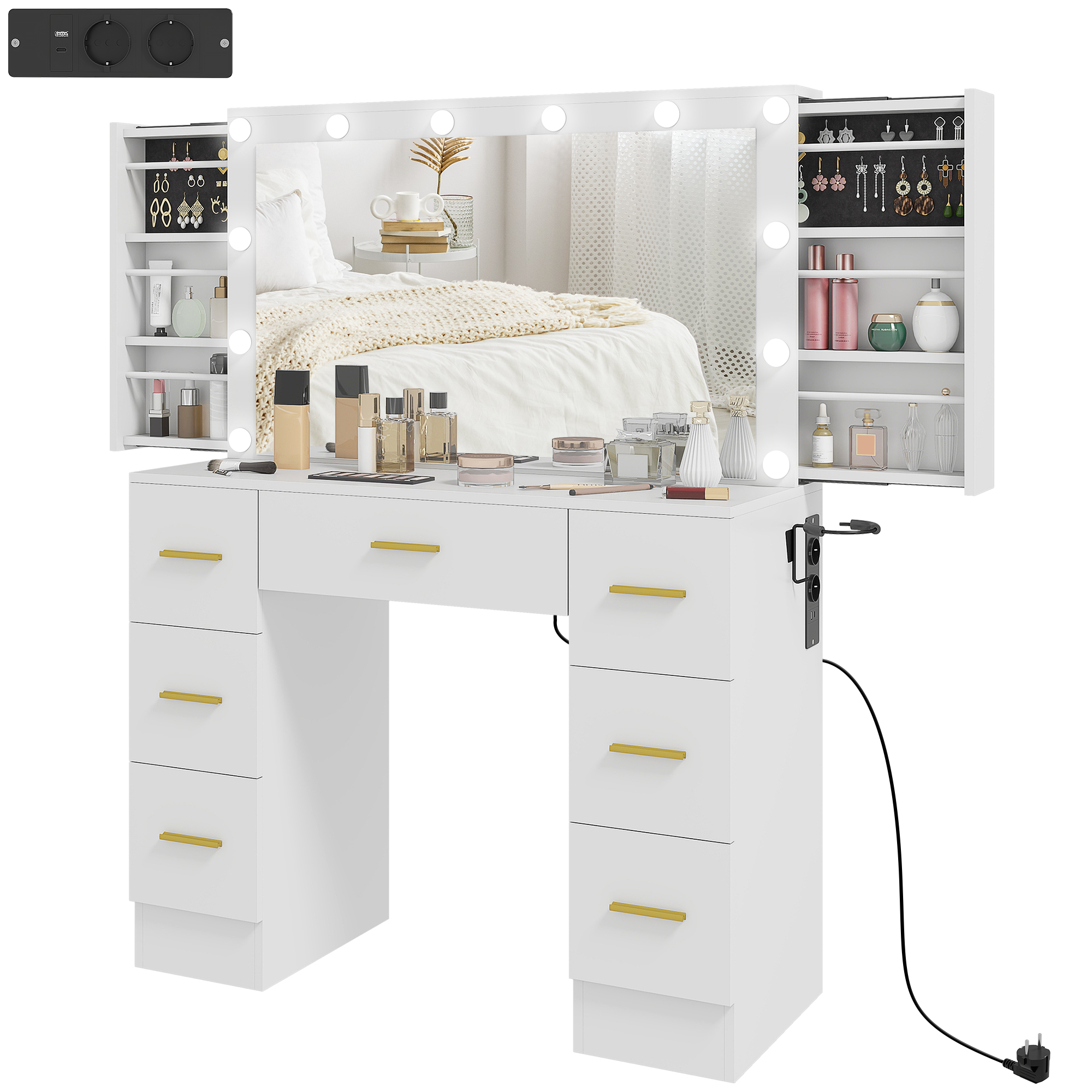 HOMCOM Coiffeuse avec Miroir et 12 Lumières LED, Table de Maquillage avec 7 Tiroirs, 6 Compartiments de Rangement Cachés, Panneau de Particules, Blanc