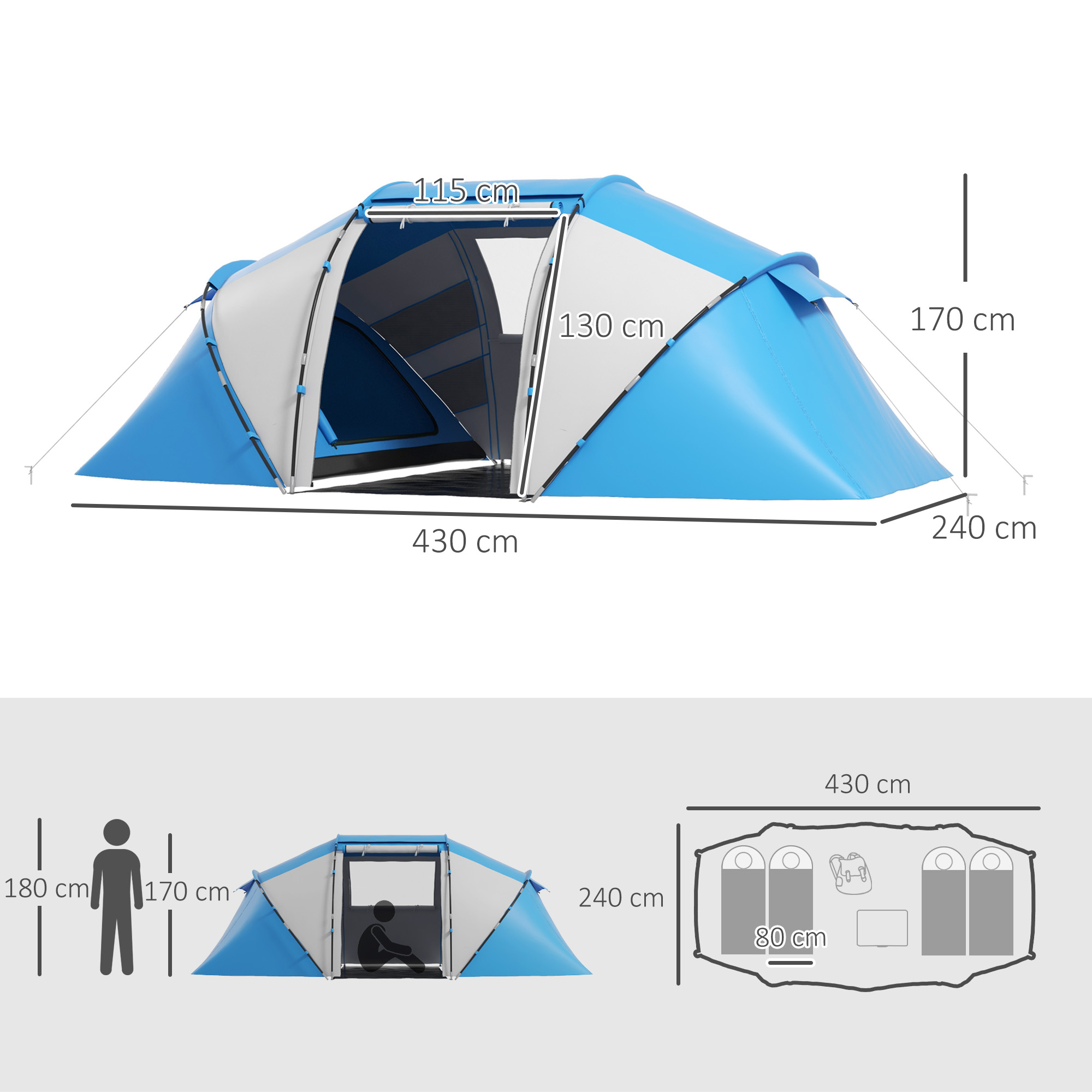 Outsunny 4-6 Man Camping Tent w/ Two Bedroom, Hiking Sun Shelter, UV Protection Tunnel Tent, Blue and White 3
