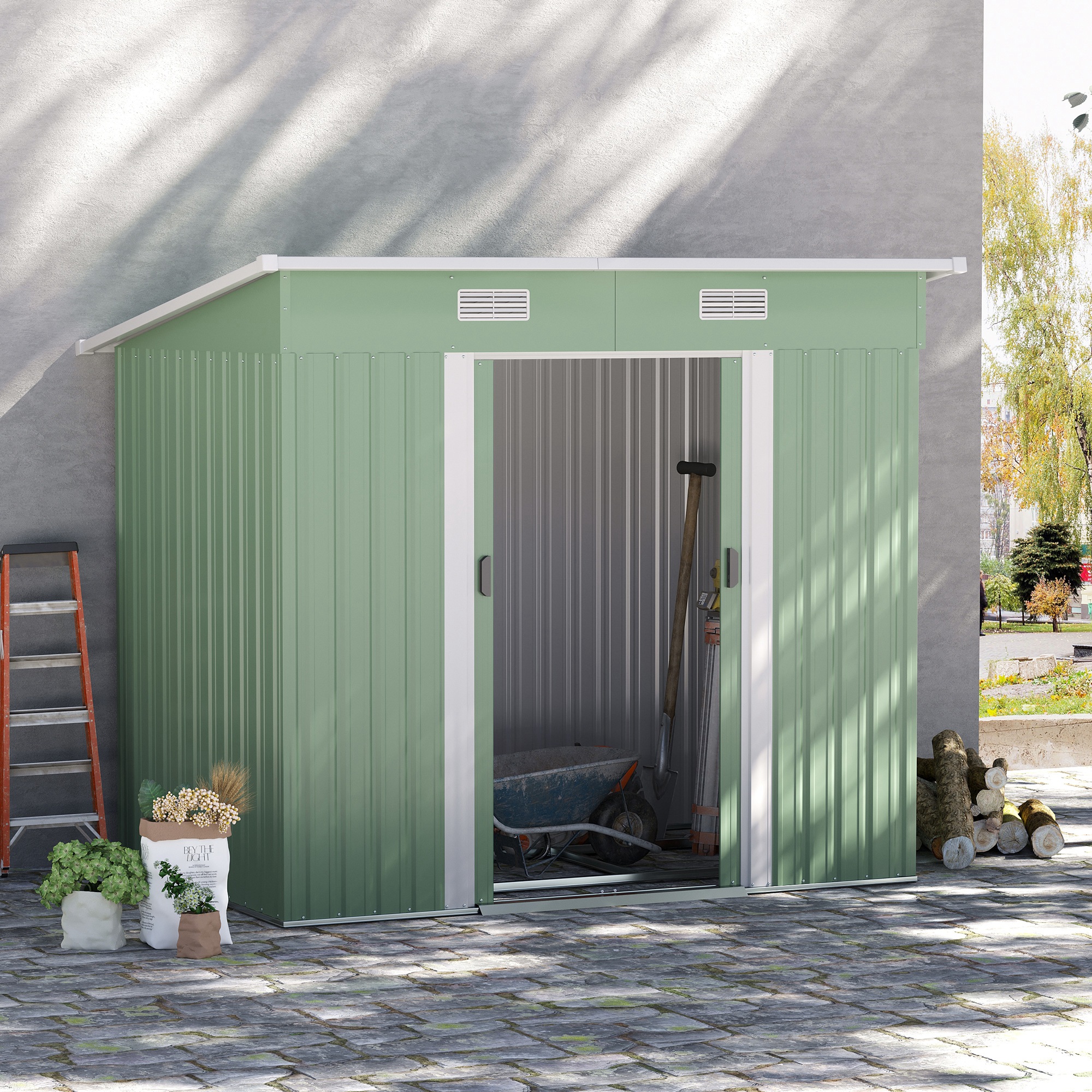 Outsunny 7 x 4ft Outdoor Garden Metal Storage Shed, Tool Storage Box for Backyard, Patio and Lawn, Light Green 9