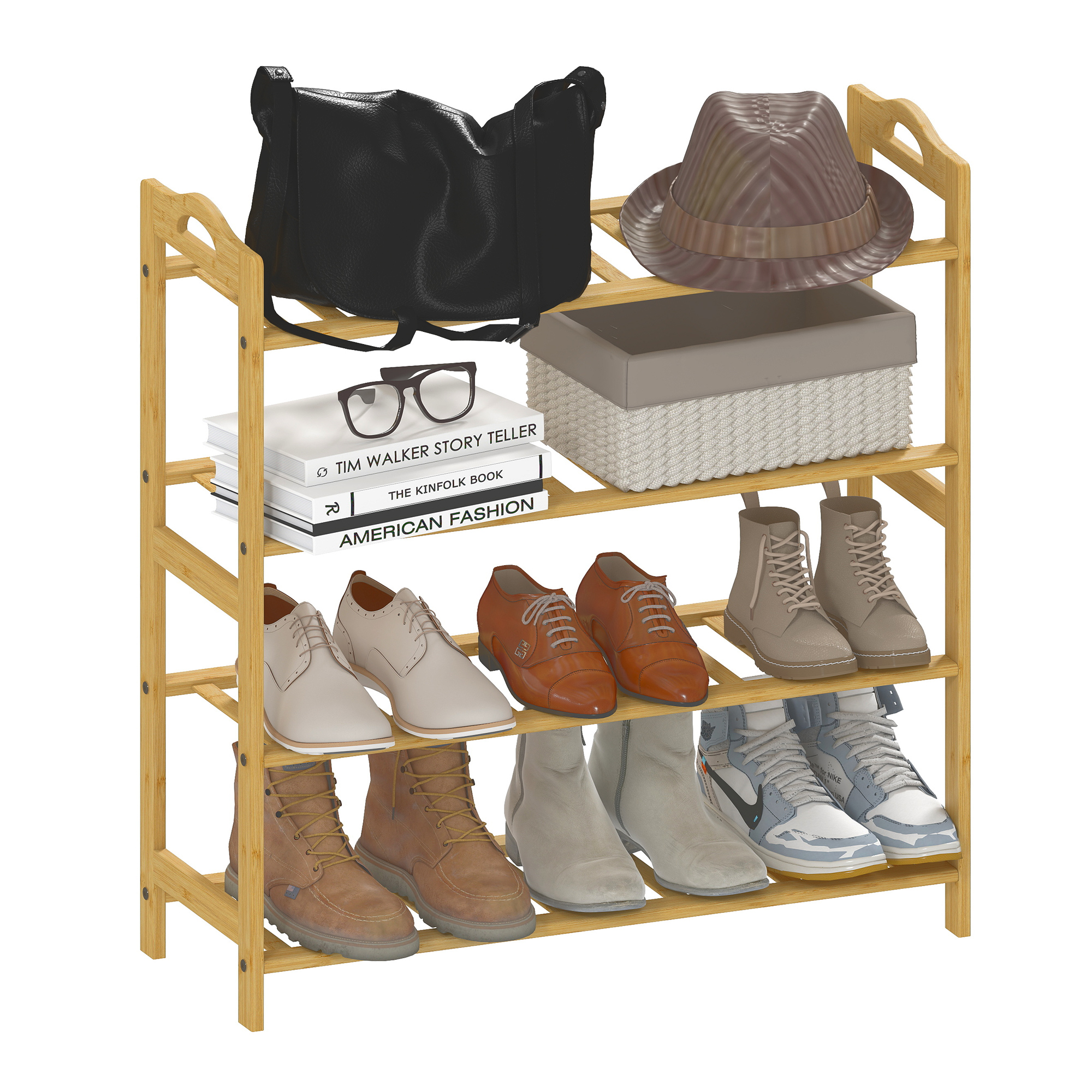 Image of HOMCOM Scaffalatura porta-scarpe in bambù a 4 livelli porta-scarpe capacità 12 paia, 67,5 x 24,7 x 72 cm, effetto legno naturale Aosom Italy006