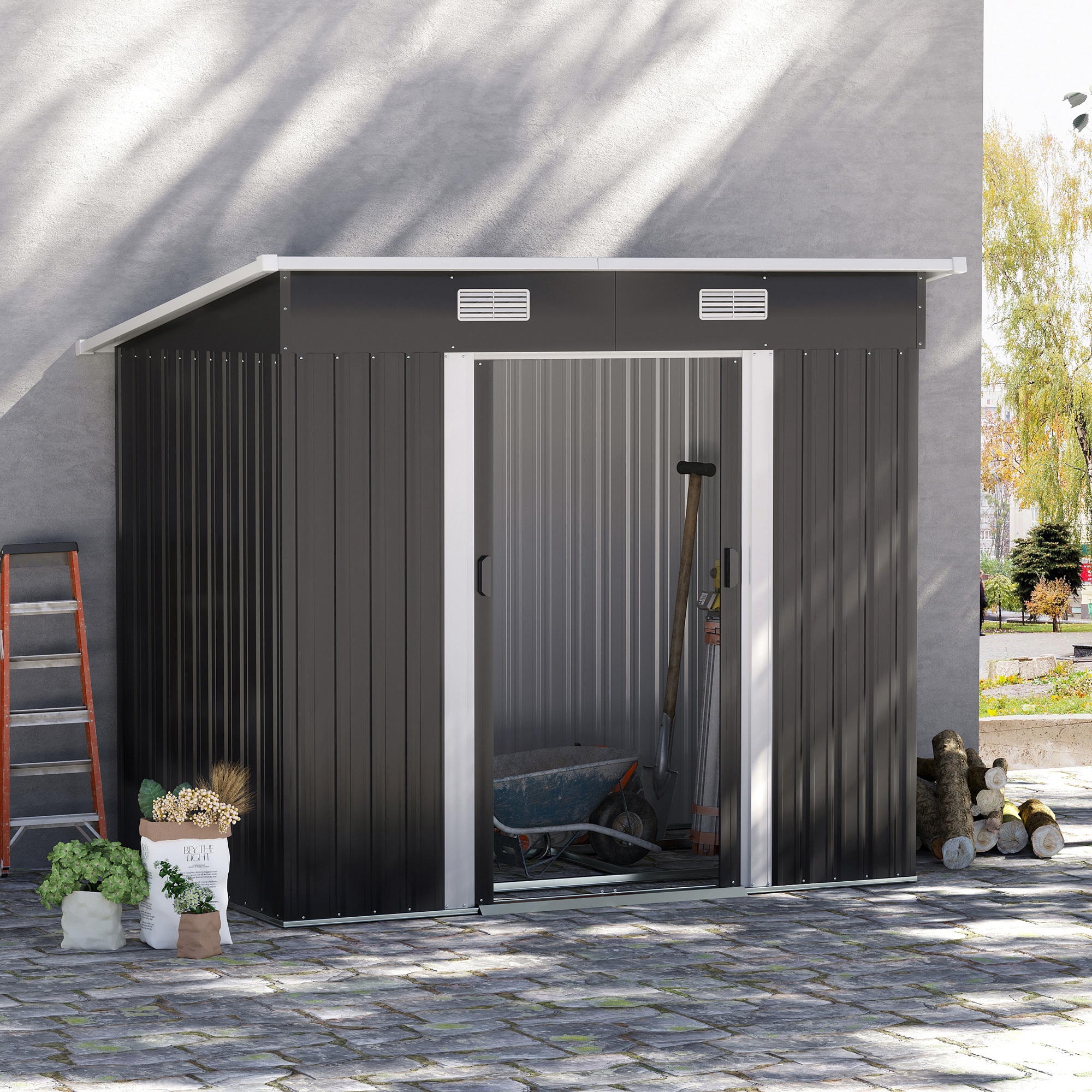 Outsunny 7 x 4ft Outdoor Storage Shed with Foundation Kit, Lean to Metal Garden Shed for Log, Rubbish Bin, Tool, Lawnmower, Bike, Patio and Lawn Use, Black 9