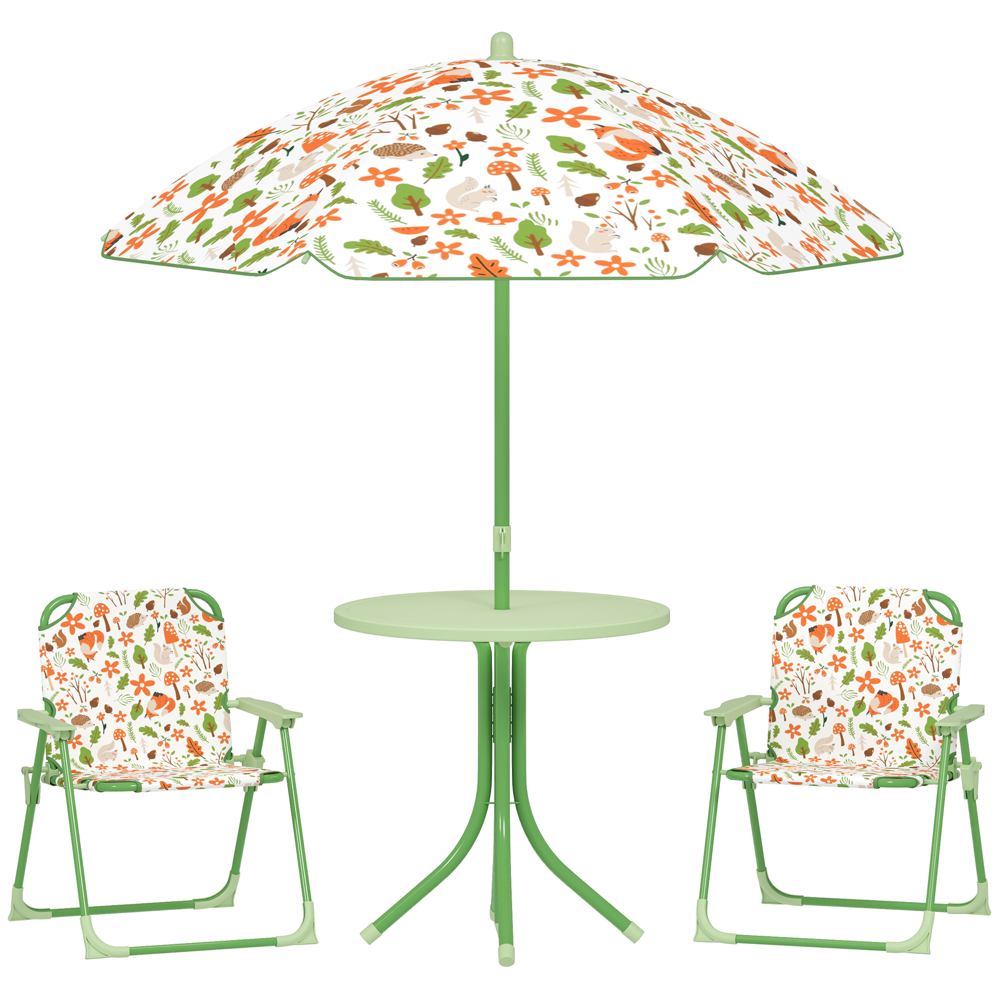 AIYAPLAY 4-Piece Kids Garden Table and Chair Set with Adjustable Parasol, Folding Chairs, Table, Nature Pattern, Green