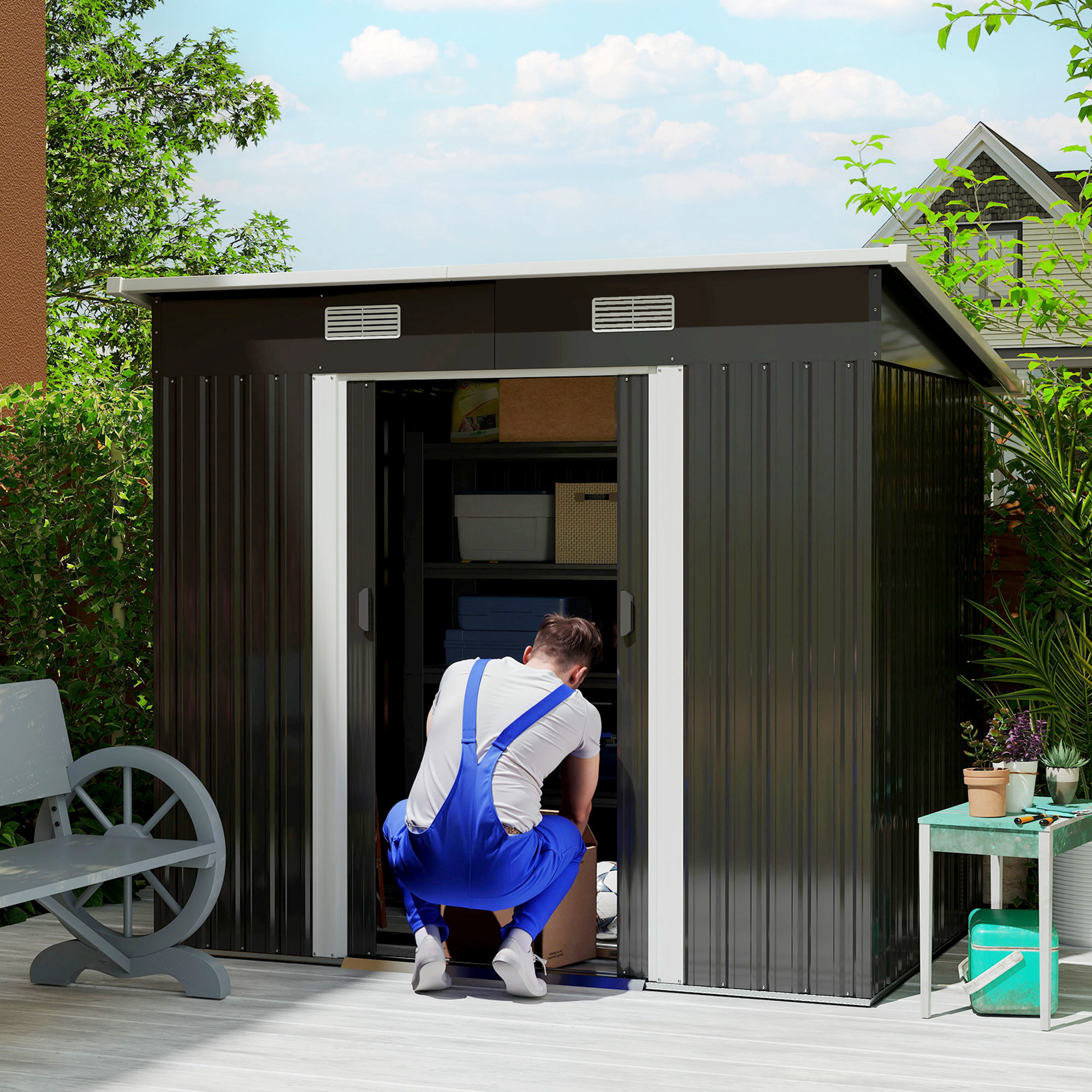 Outsunny 7 x 4ft Outdoor Storage Shed with Foundation Kit, Lean to Metal Garden Shed for Log, Rubbish Bin, Tool, Lawnmower, Bike, Patio and Lawn Use, Black 2