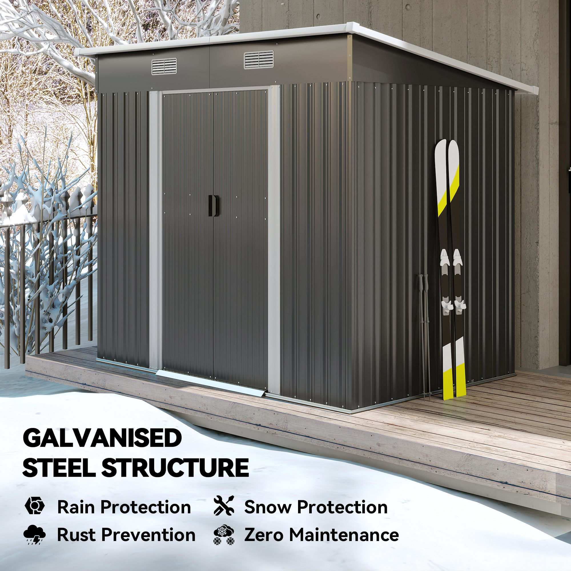 Outsunny 7 x 4ft Outdoor Storage Shed with Foundation Kit, Lean to Metal Garden Shed for Log, Rubbish Bin, Tool, Lawnmower, Bike, Patio and Lawn Use, Black 4