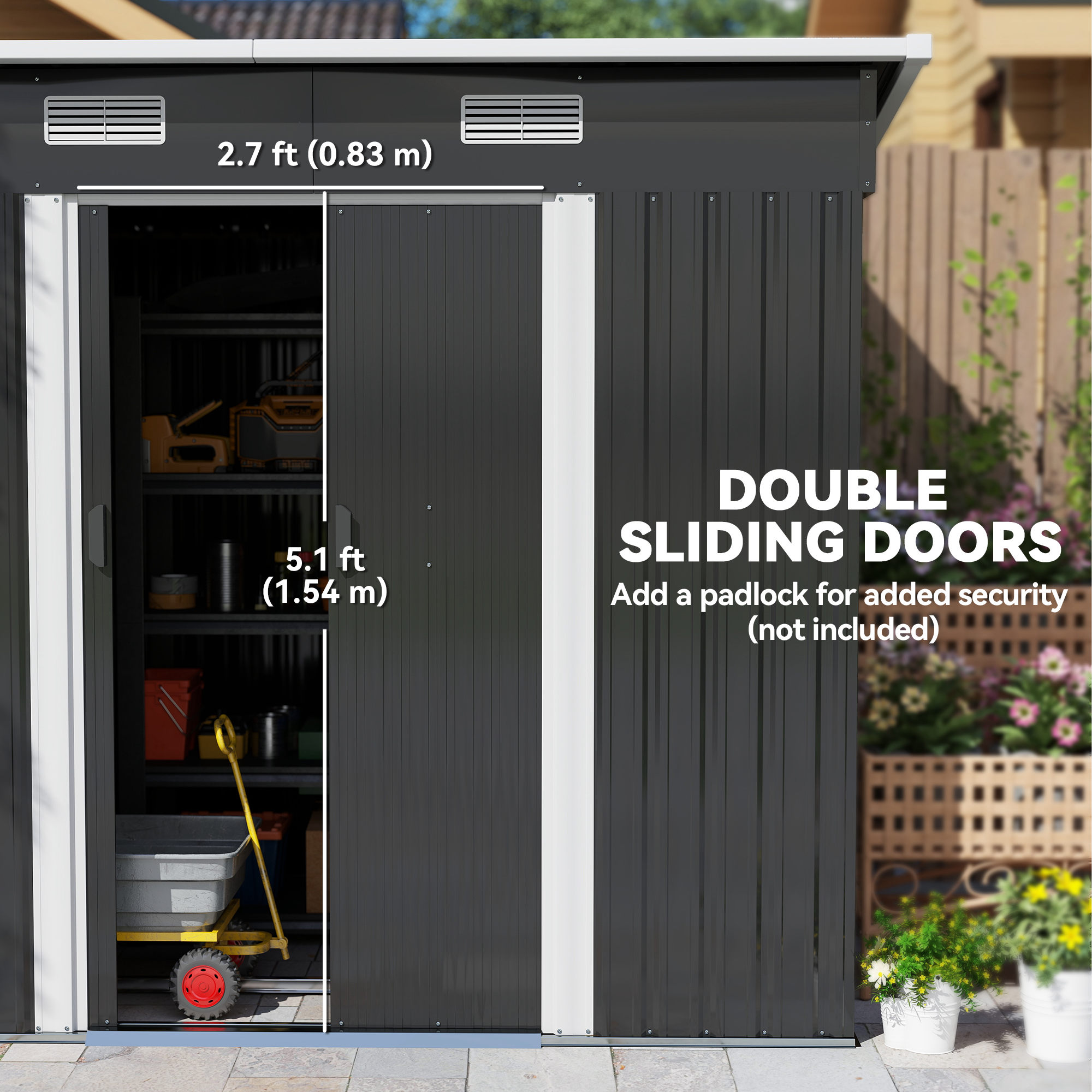 Outsunny 7 x 4ft Outdoor Storage Shed with Foundation Kit, Lean to Metal Garden Shed for Log, Rubbish Bin, Tool, Lawnmower, Bike, Patio and Lawn Use, Black 5