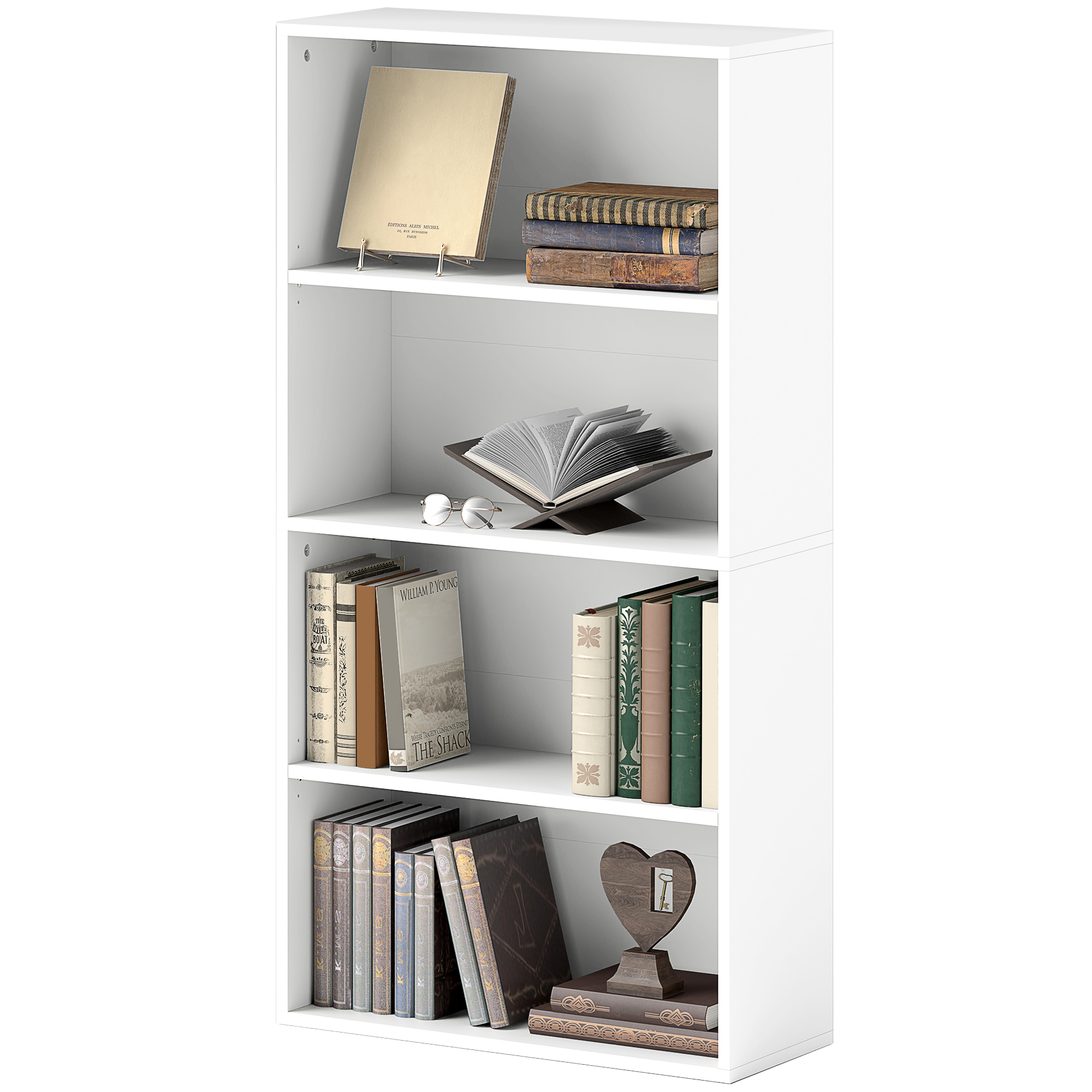 HOMCOM Bücherregal mit 4 Regalen und 2 Verstellbaren Regalen, Modernes Holz-Regal, 60x24x115,5 cm, Weiß Aosom