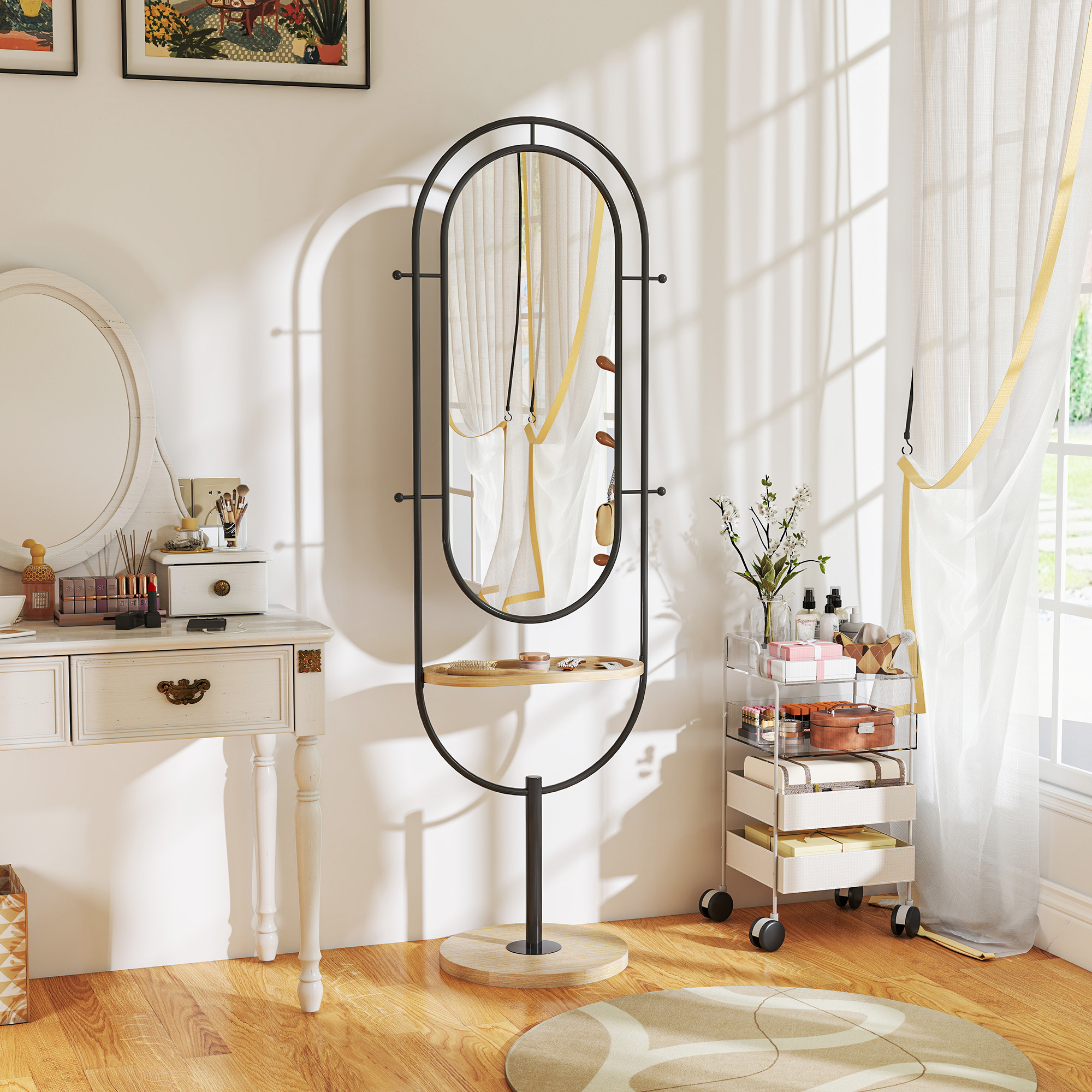 HOMCOM Ovaler Standspiegel mit Holzregal, 4 Haken und Metallrahmen, für Sch günstig online kaufen