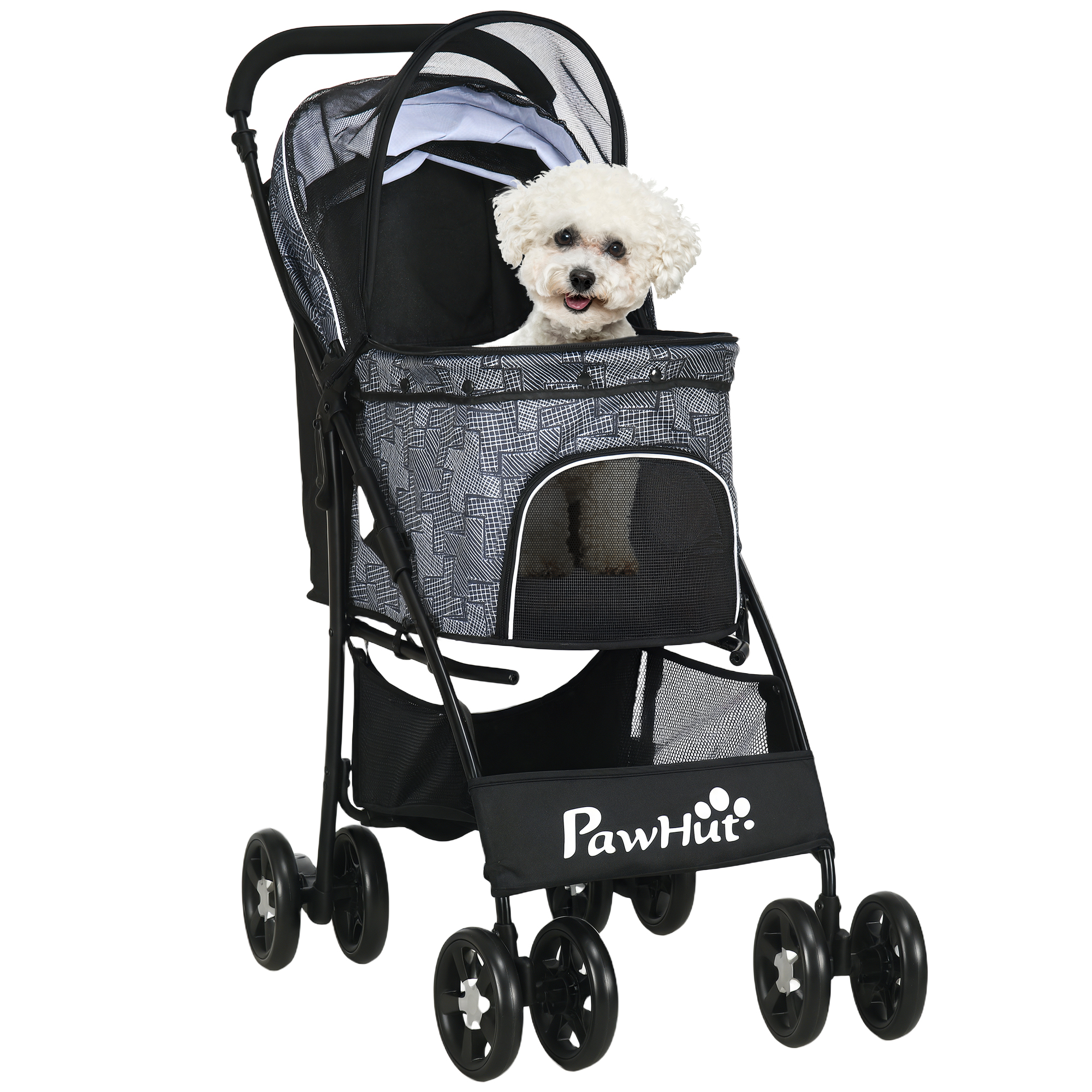 PawHut Cochecito para Perros Pequeños Plegable con Cesta de Almacenaje Capota Ajustable y 2 Ruedas Universales 81x48x99 cm Gris