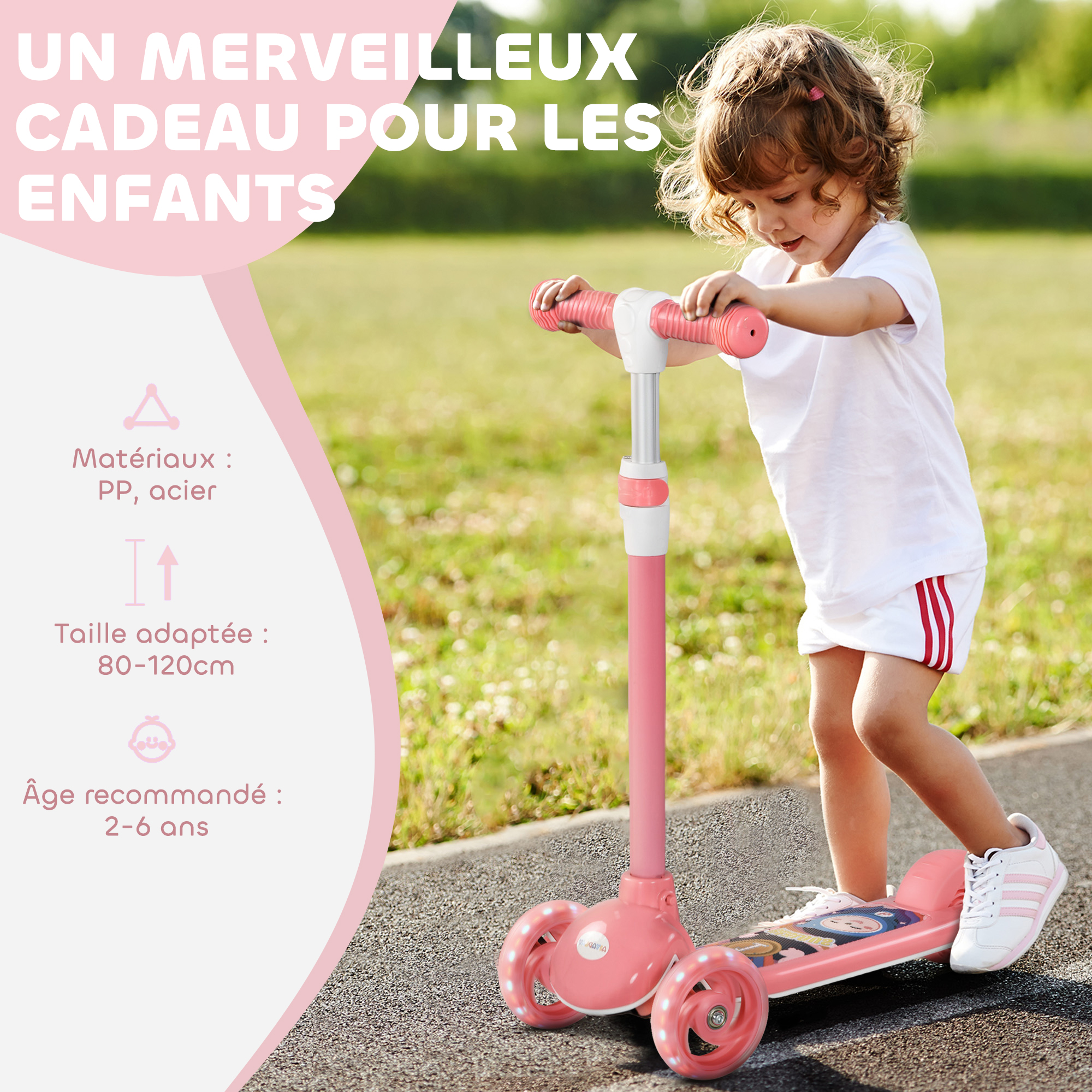 AIYAPLAY Trottinette Enfant 3 Roues Lumineuses LED Hauteur Guidon Reglable Frein A Friction Arriere De 2 A 6 Ans Rose~1ou7l6ut02800