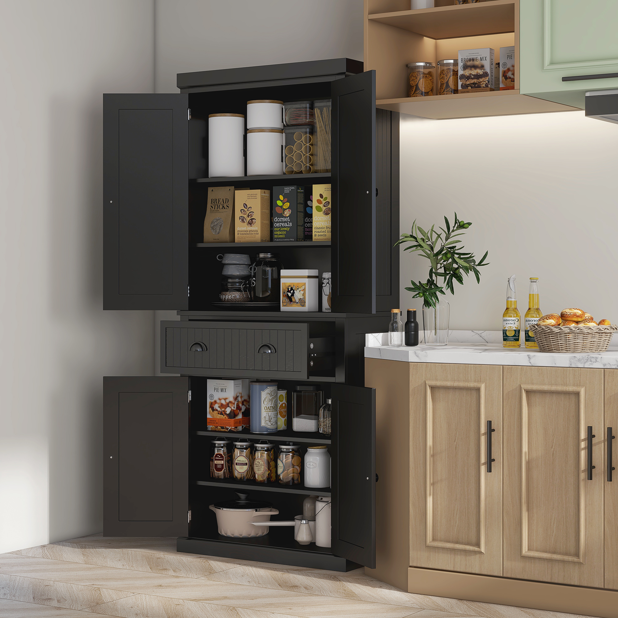 HOMCOM Schwarzer moderner Küchenschrank Buffet mit Türen, verstellbaren Reg günstig online kaufen