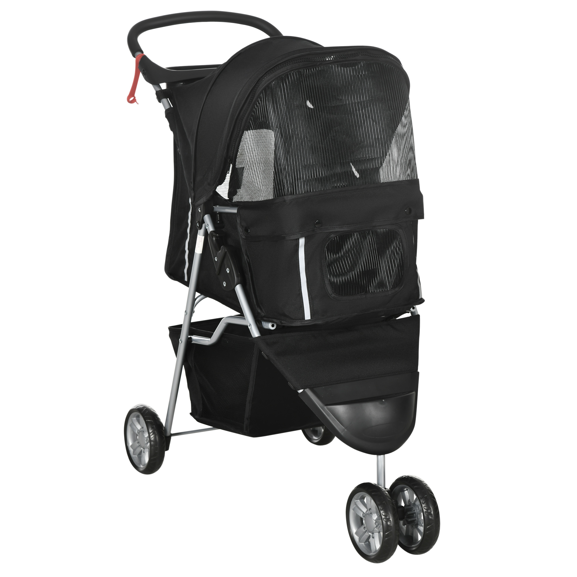 PawHut Carrito para Perros Pequeños con Cesta de Almacenaje Ventanas de Malla y 2 Ruedas Universales 75x45x97 cm Negro