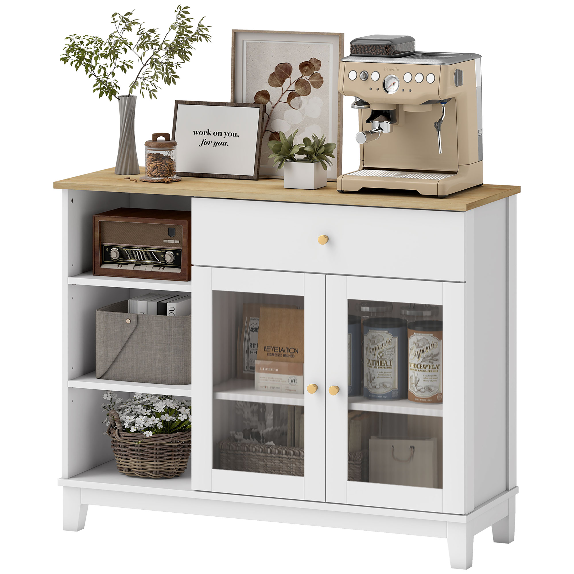 HOMCOM Buffet Wohnzimmerschrank mit gerillten Glastüren, Schublade, 3 offenen Fächern und verstellbaren Regalen, Buffet Ess- und Wohnzimmer, 100 x 35 x 80,3 cm, Weiß Aosom