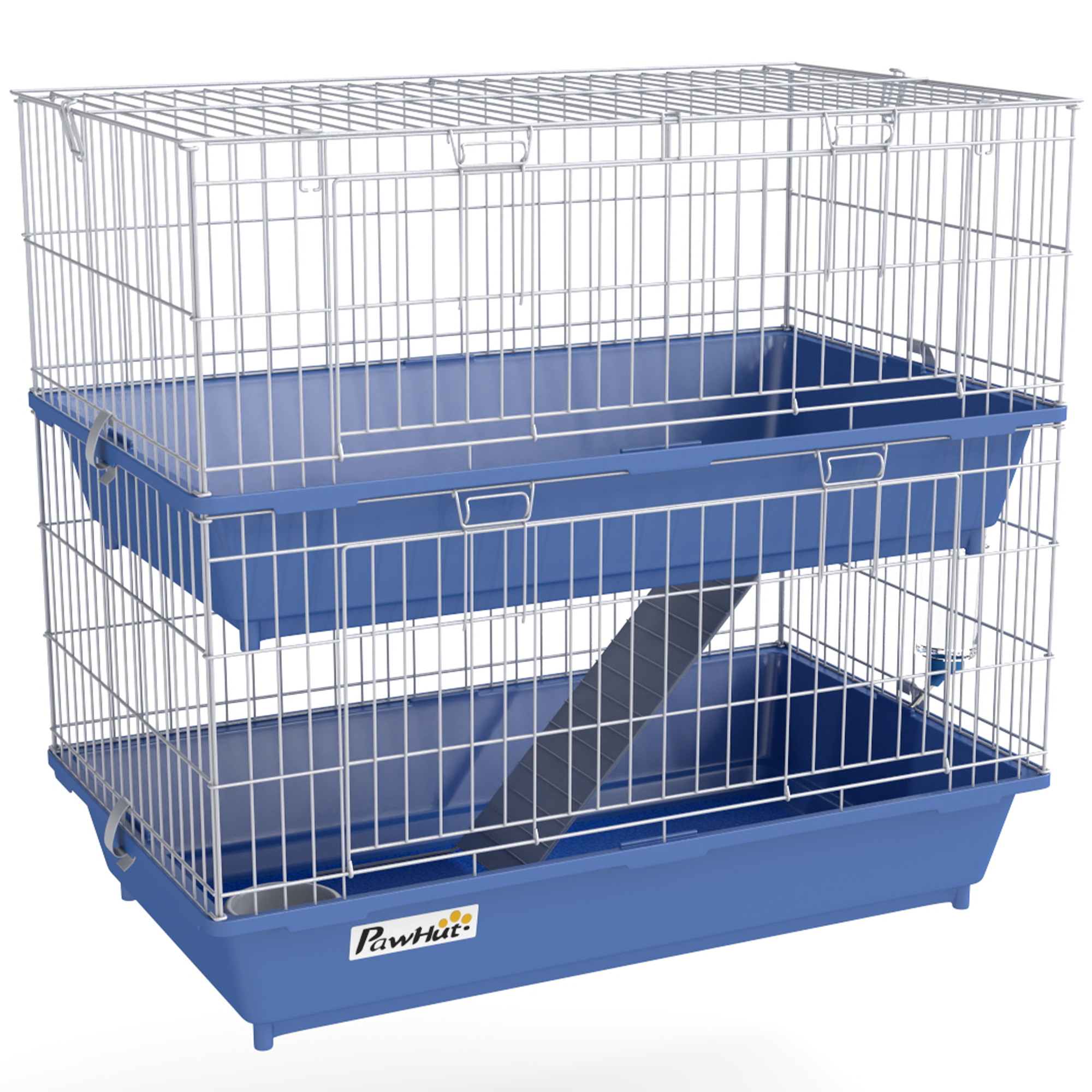 PawHut Steel Medium 2-Tier Small Guinea Pigs Hutches w/ Accessories Blue/Orange
