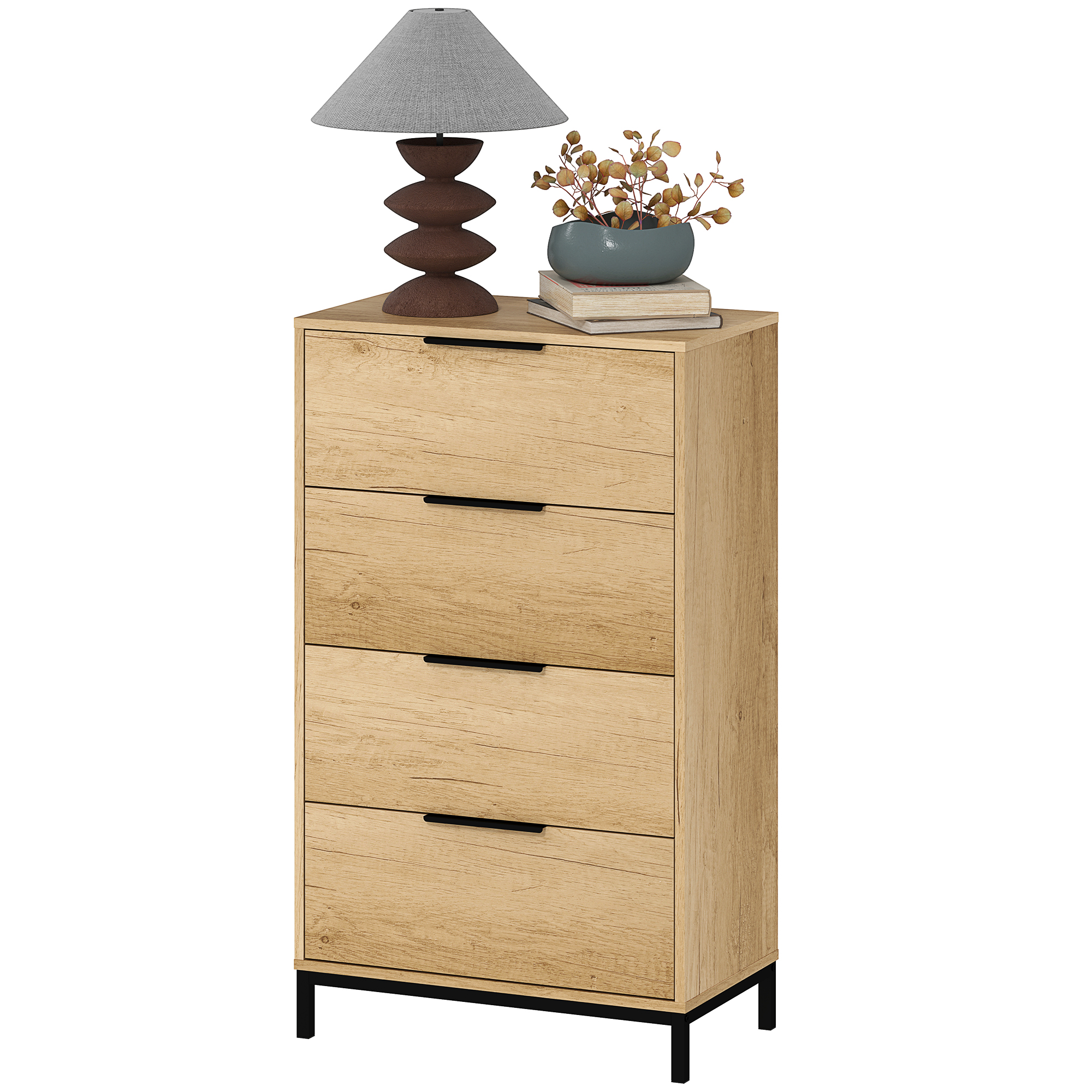 HOMCOM 4-Schubladenkommode mit Kippschutz und schwarzen Griffen, Kommode aus Spanplatte und Metall, 62x35x105 cm, Hellbraun   Aosom – HOMCOM