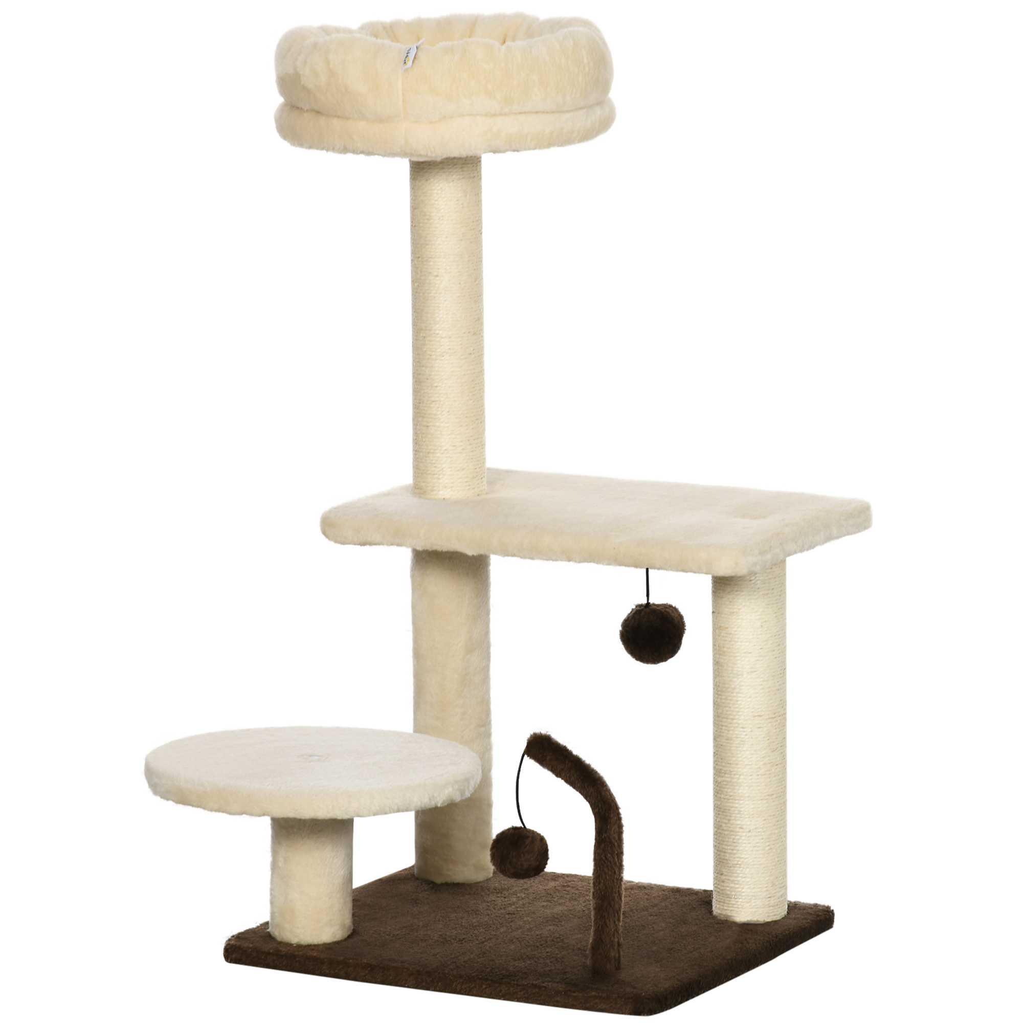 PawHut Kratzbaum für Katzen mit Sisalpfosten, Liegefläche und Spielbällen, aus Spanplatten und Plüsch, 44x38x74 cm, Beige Aosom