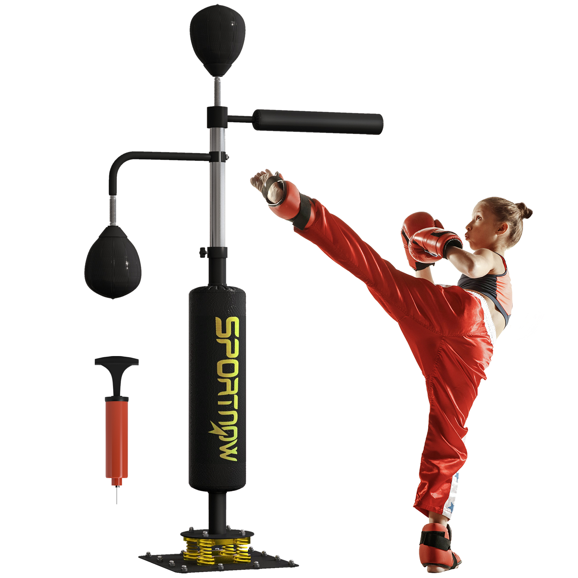Image of SPORTNOW Sacco da boxe autoportante con due speedballs, barra rotante da boxe, calciatore, regolabile in altezza, in acciaio, 84 x 36 x 140-205 cm, Nero Aosom Italy006