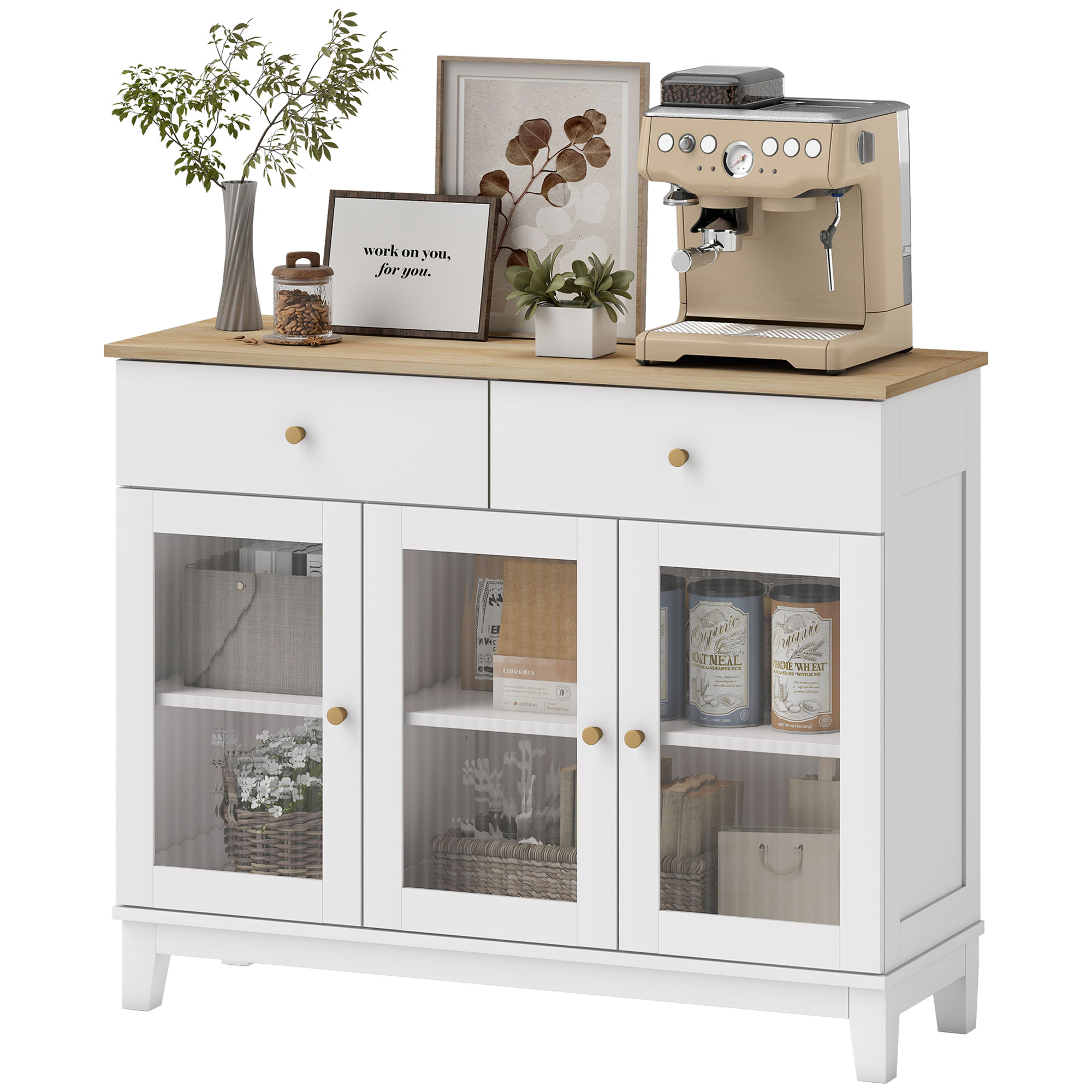 HOMCOM Buffet Wohnzimmerschrank mit 2 Schränken mit geriffelten gehärteten Glastüren, 2 Schubladen und verstellbaren Regalen, Esszimmer- und Wohnzimmerbuffet, 100 x 35 x 80,3 cm, weiß   Aosom – HOMCOM