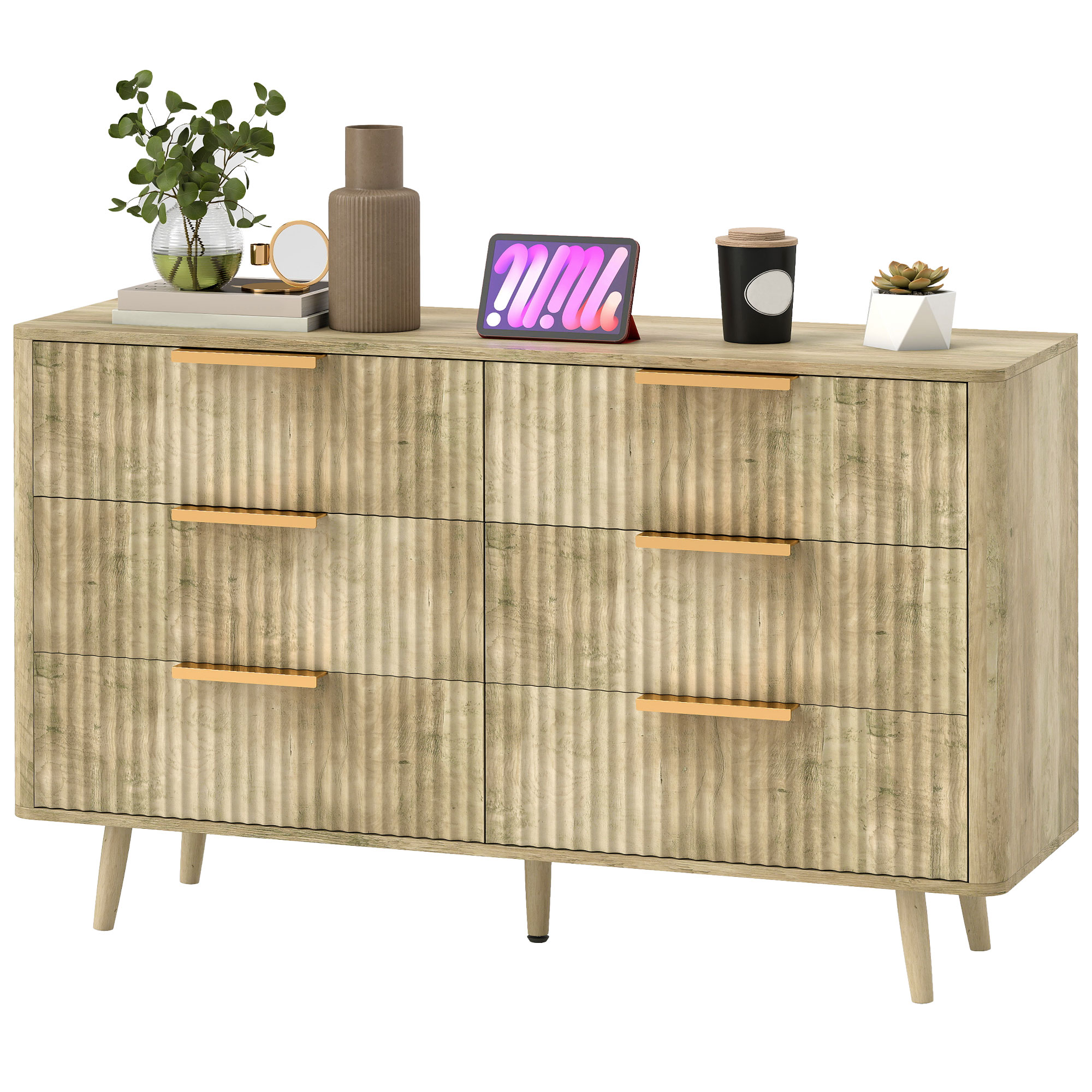HOMCOM Kommode 6 Schubladen Aufbewahrungsschrank im skandinavischen Stil mit Griffen und Kieferfüßen, Holzeffekt gerillt, Schlafzimmerkommode, Wohnzimmer, Flur - 120 x 40 x 76 cm, Eiche Aosom