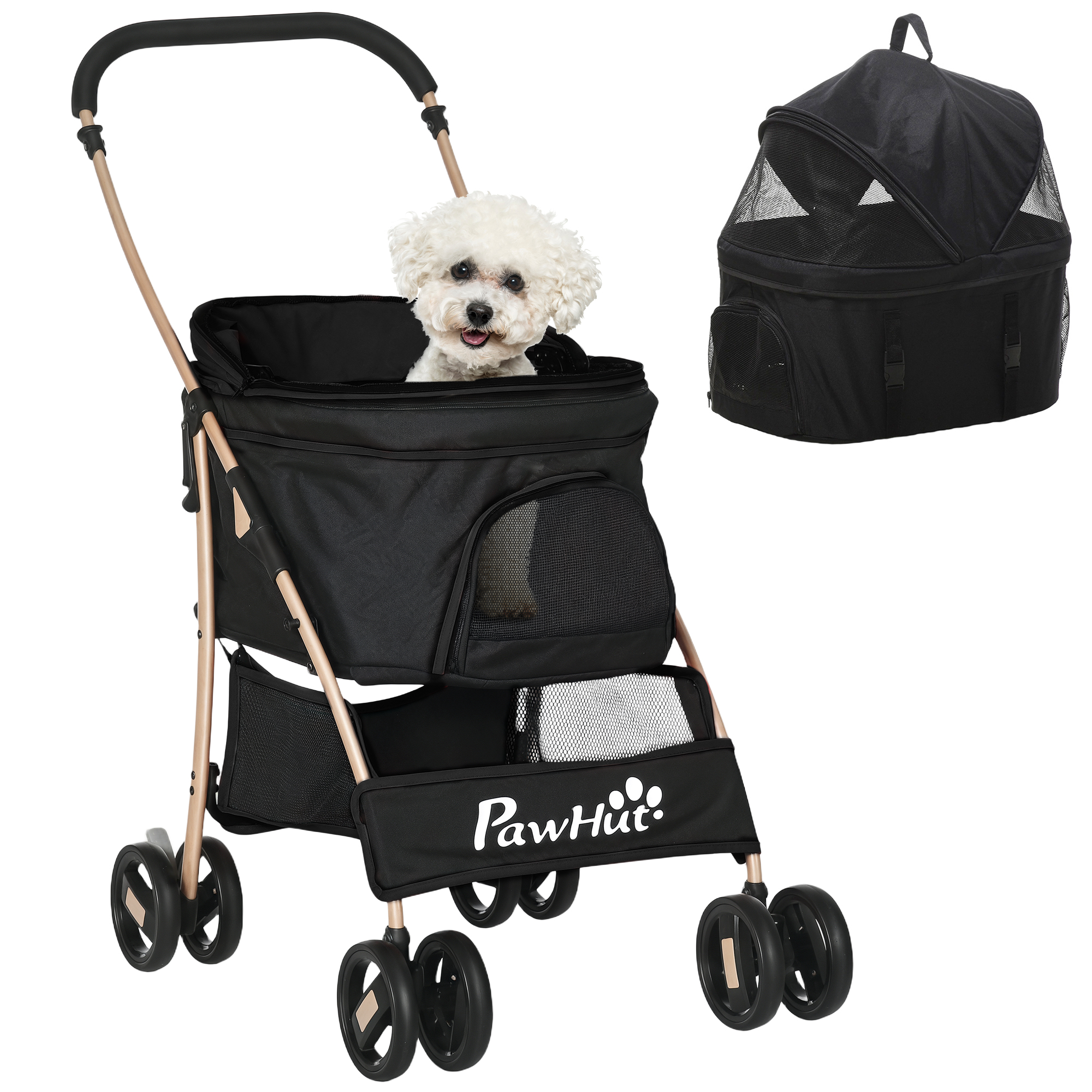 PawHut 3 en 1 Cochecito para Mascotas Carrito para Perros y Gatos con Cesta de Almacenaje Carga 15kg 82x49,5x98 cm Negro | Aosom España