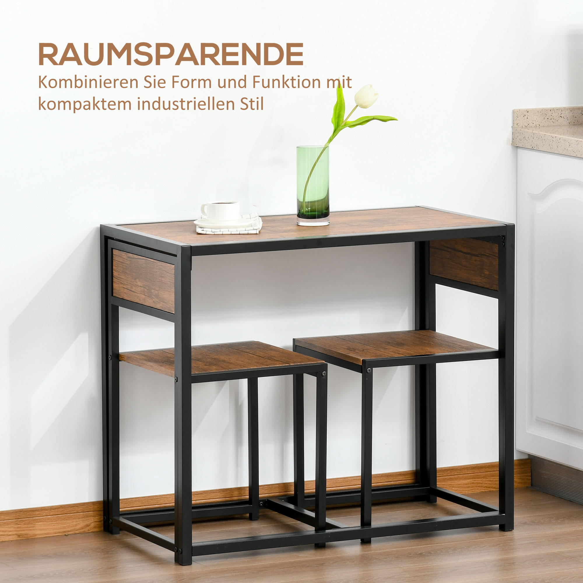 3-osaline baarilaua komplekt, kõrge laua komplekt, 3-osaline, 2 tooli, 1 laud, 90 cm x 47 cm x 76 cm, pruun + must