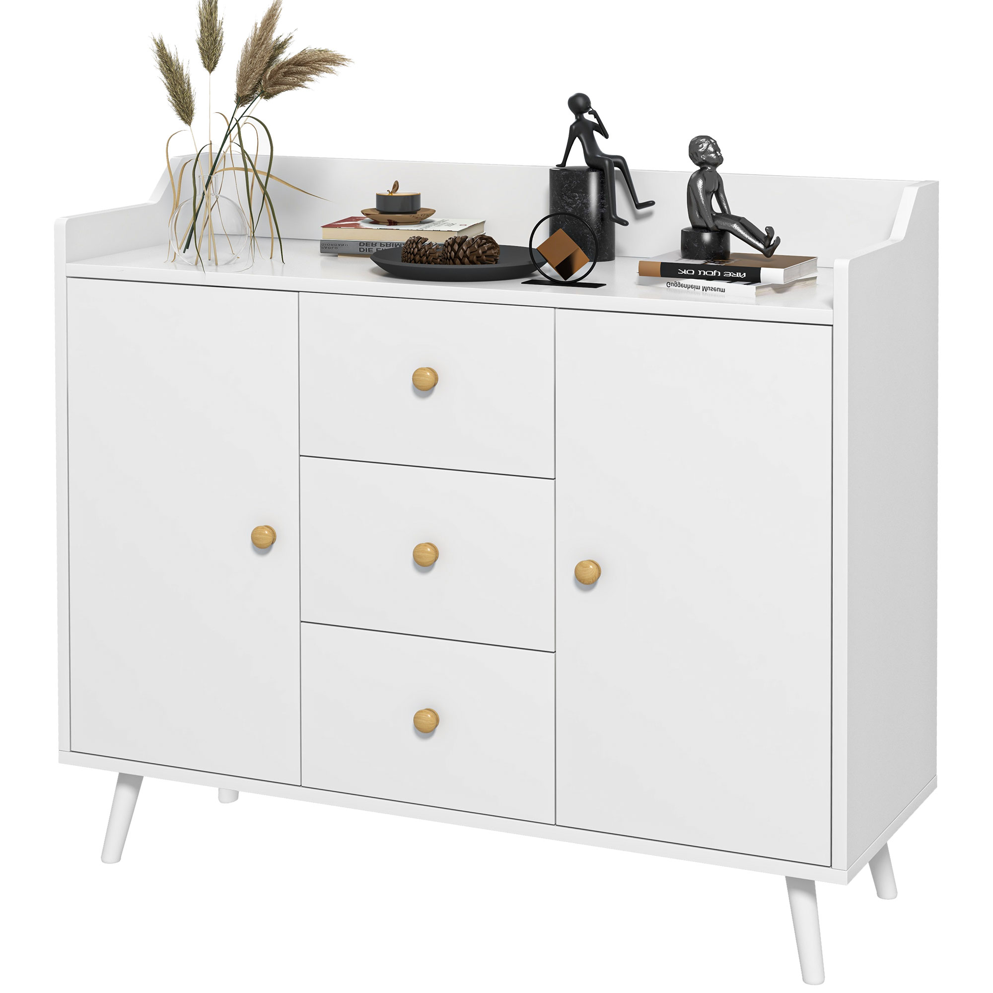 HOMCOM Wohnzimmerschrank aus Holz mit 3 Schubladen und 2 Schränken, modernes und vielseitiges Wohnzimmermöbel für Küche, Esszimmer und Eingangsbereich, 90x32x80 cm, Weiß Aosom