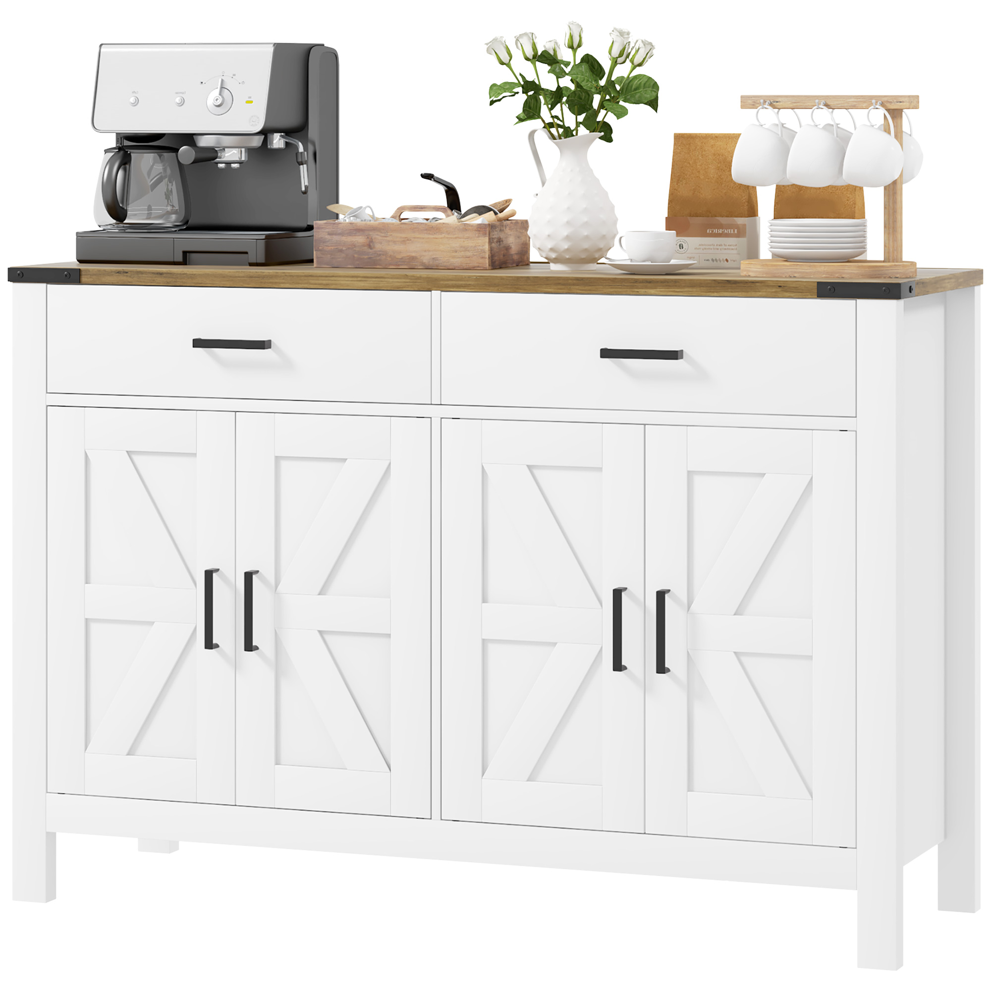 HOMCOM Buffet Schrank Küchenmöbel im ländlichen Stil mit 2 Schubladen und 2 Schränken mit verstellbaren Regalen, für Küche, Esszimmer, Wohnzimmer, 120 x 39,3 x 82,5 cm, weiß   Aosom – HOMCOM