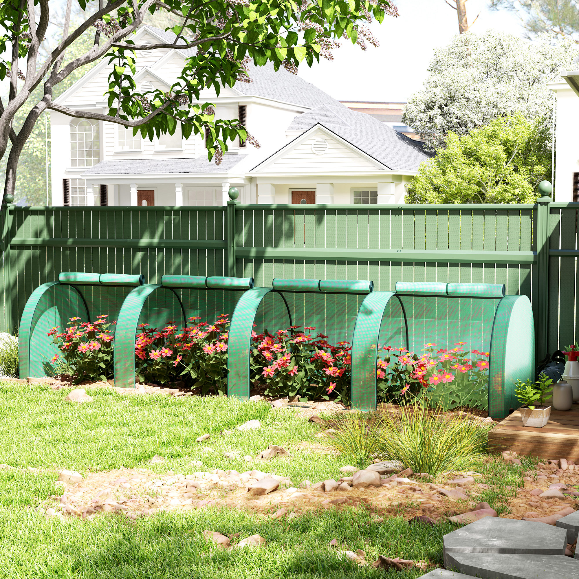 Outsunny PE Tunnel Greenhouse Green Grow House Steel Frame for Garden Backyard with Zipper Doors 395 x 100 x 80cm, Green 2