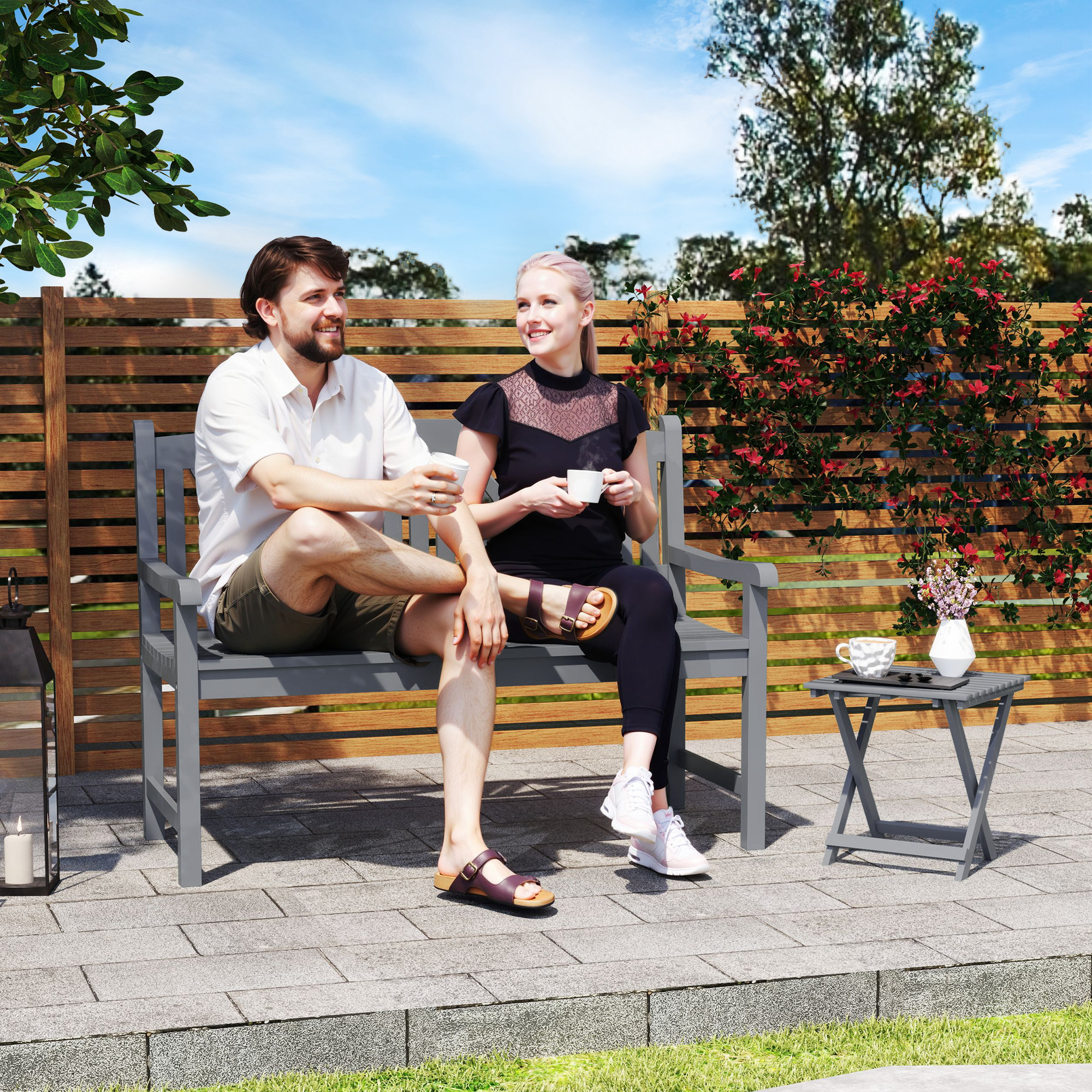 Outsunny 2-Seater Wooden Garden Bench Outdoor Patio Loveseat for Porch, Grey 2