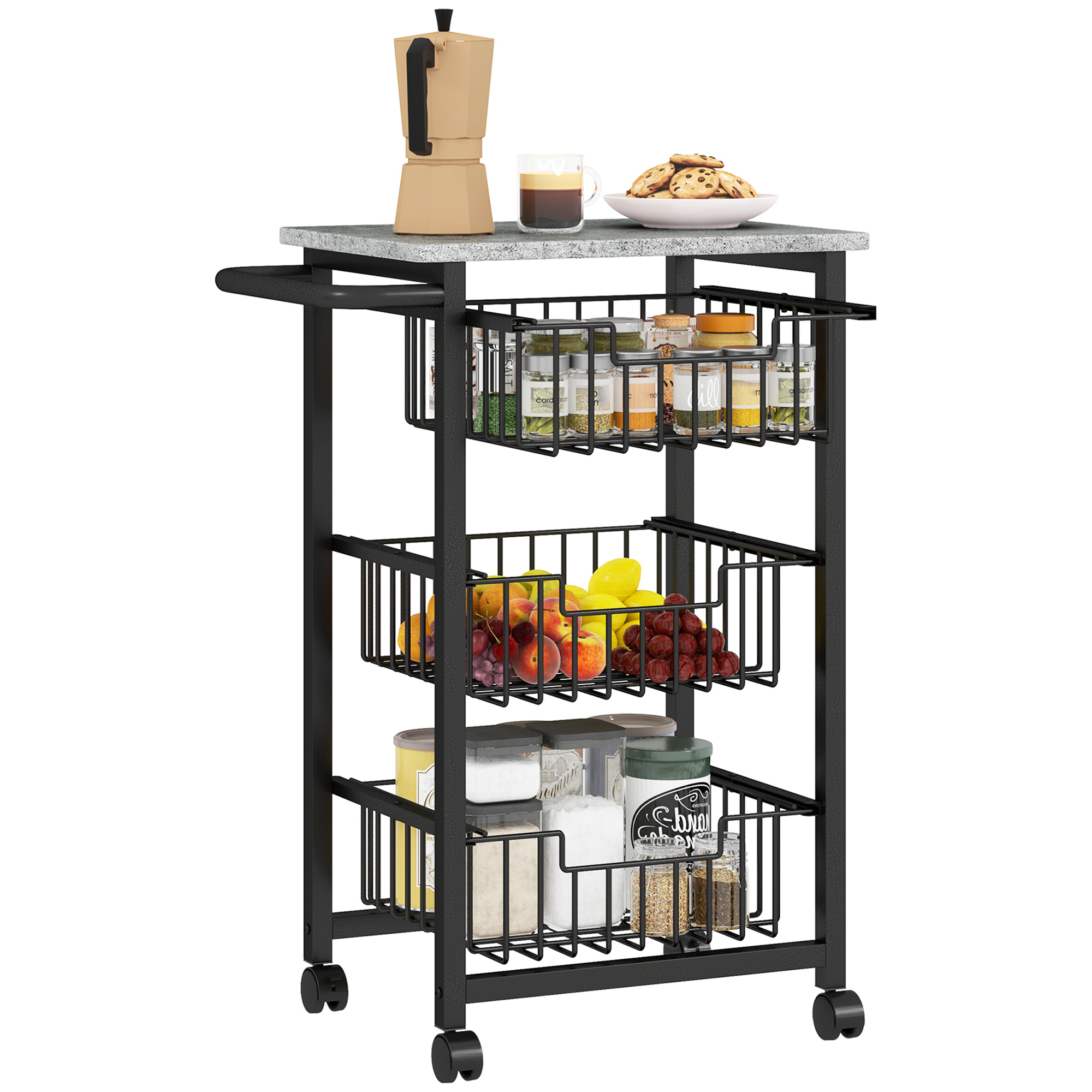HOMCOM Carrello da Cucina a 3 Cestelli con Maniglia, in Acciaio e Legno, 49.5x31x69 cm, Nero e Grigio Chiaro   Aosom Italy