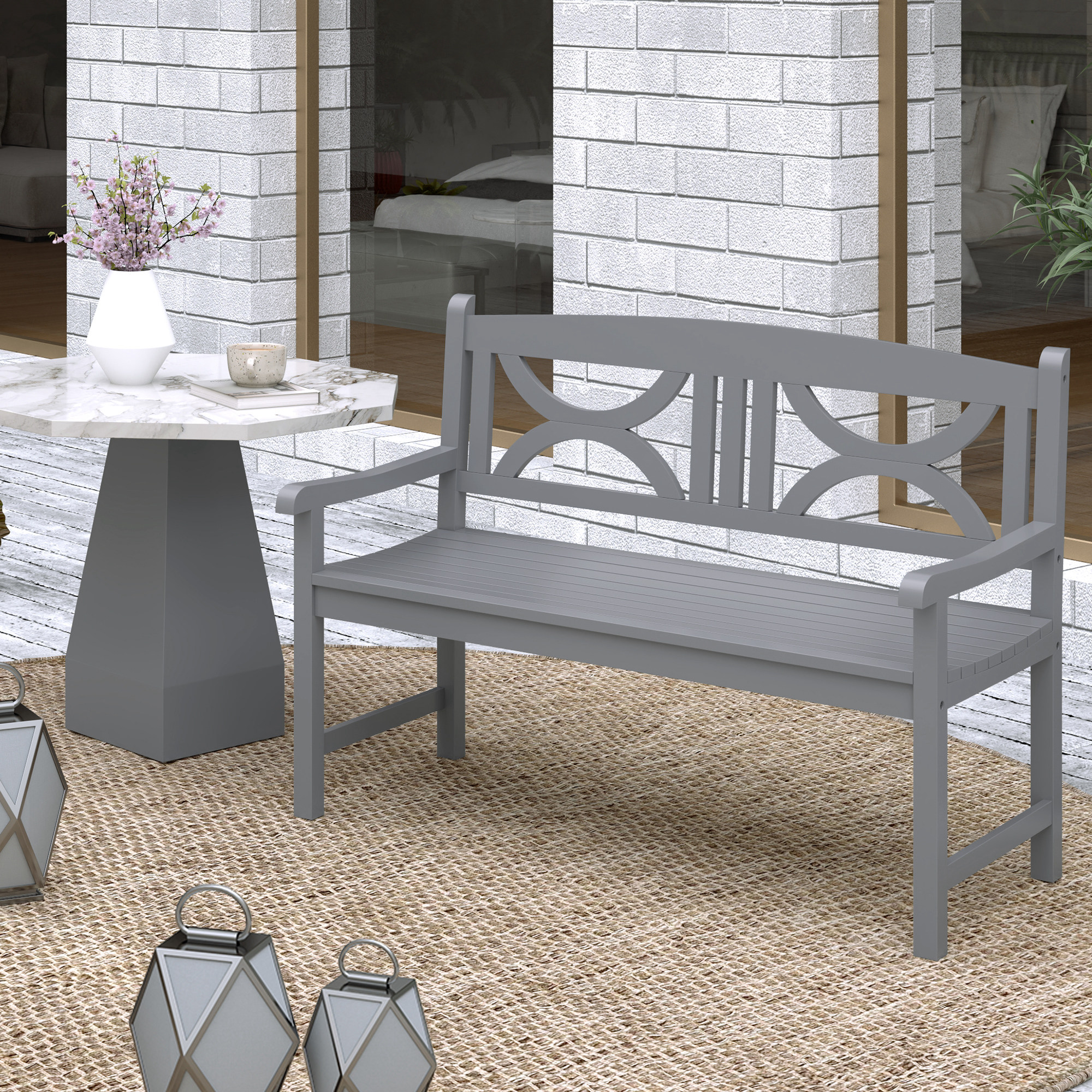 Outsunny 2-Seater Wooden Garden Bench Outdoor Patio Loveseat for Porch, Grey 9