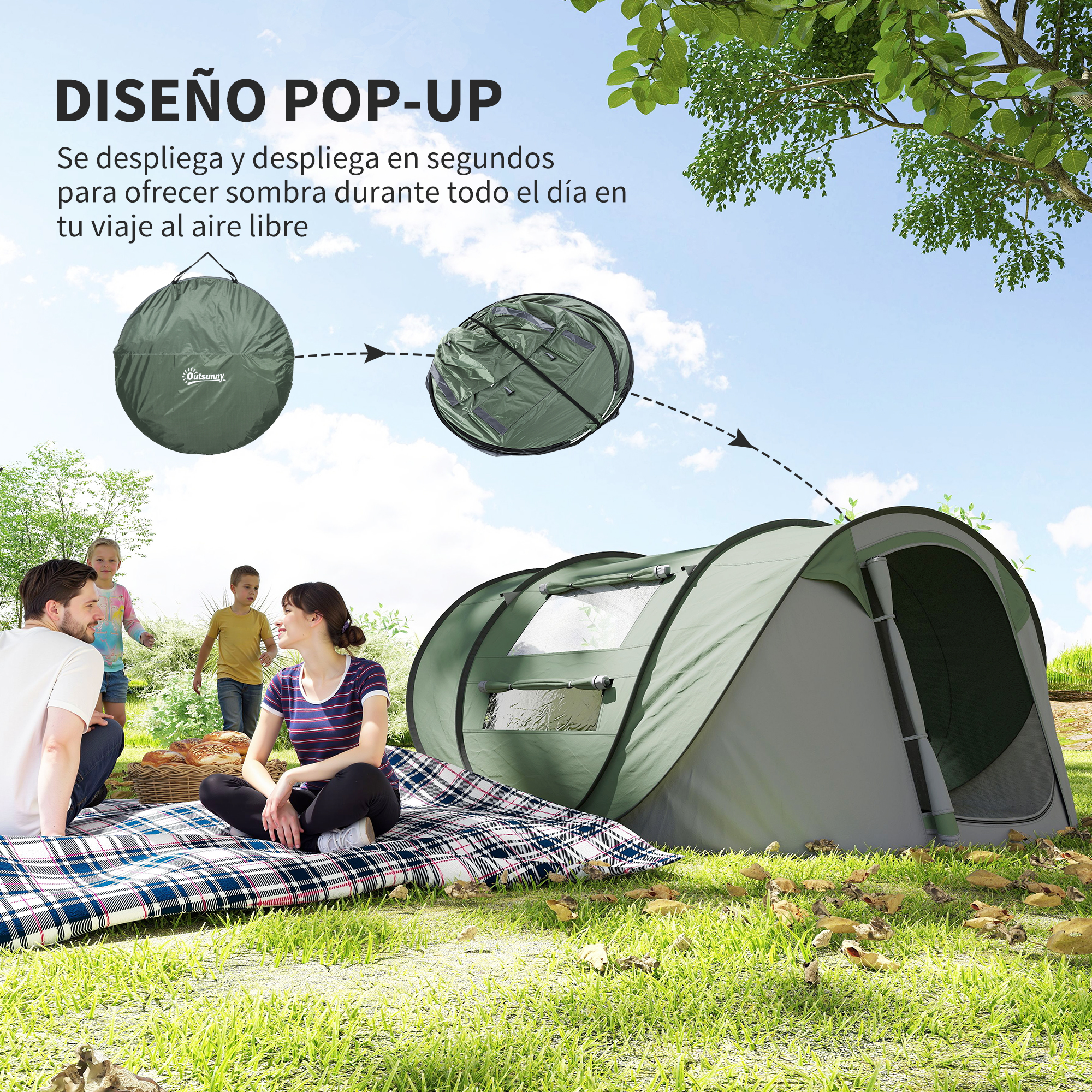 Outsunny Tienda De Campaña Para 2 Personas – Plegable Con 2 Ventanas De Malla, Bolsillo Interior, Gancho Para Lámpara Y Marco De Fibra De Vidrio – 206x152x110 Cm Verde