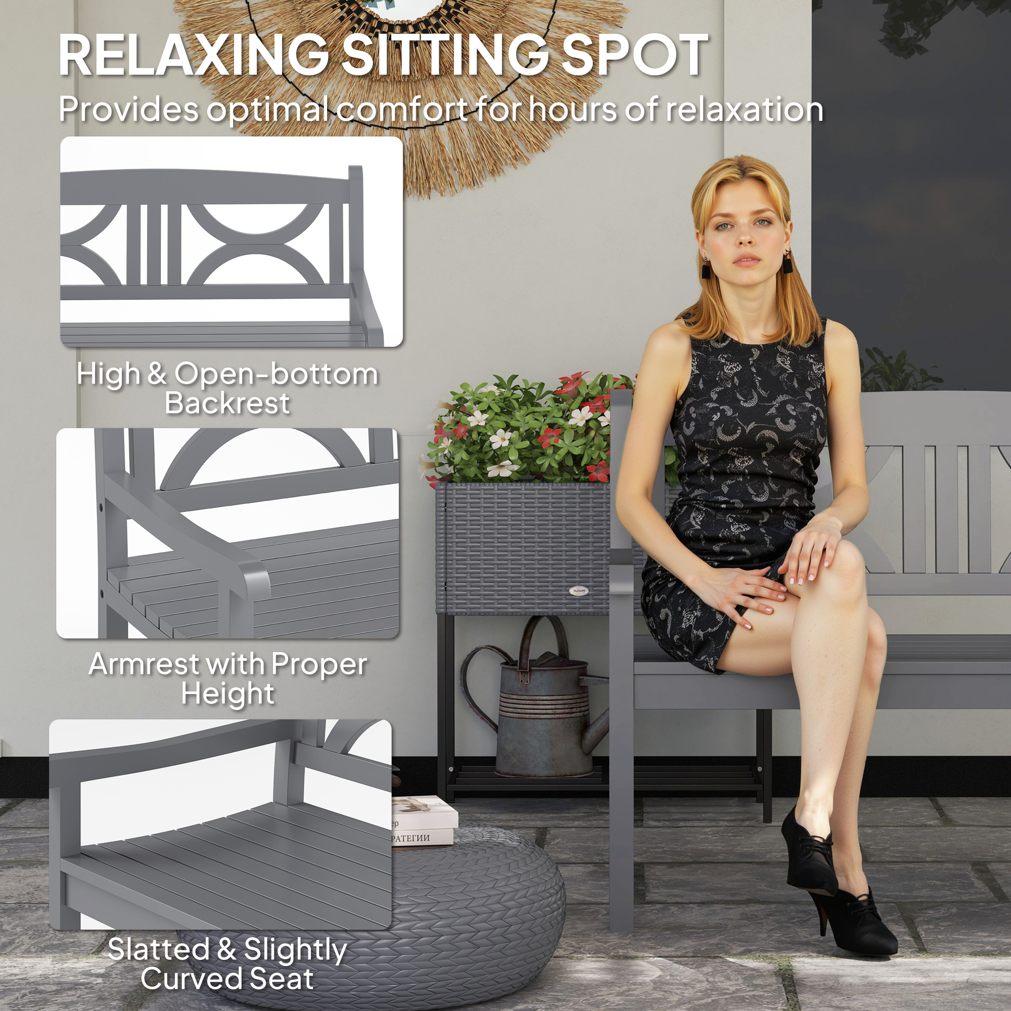 Outsunny 2-Seater Wooden Garden Bench Outdoor Patio Loveseat for Porch, Grey 5
