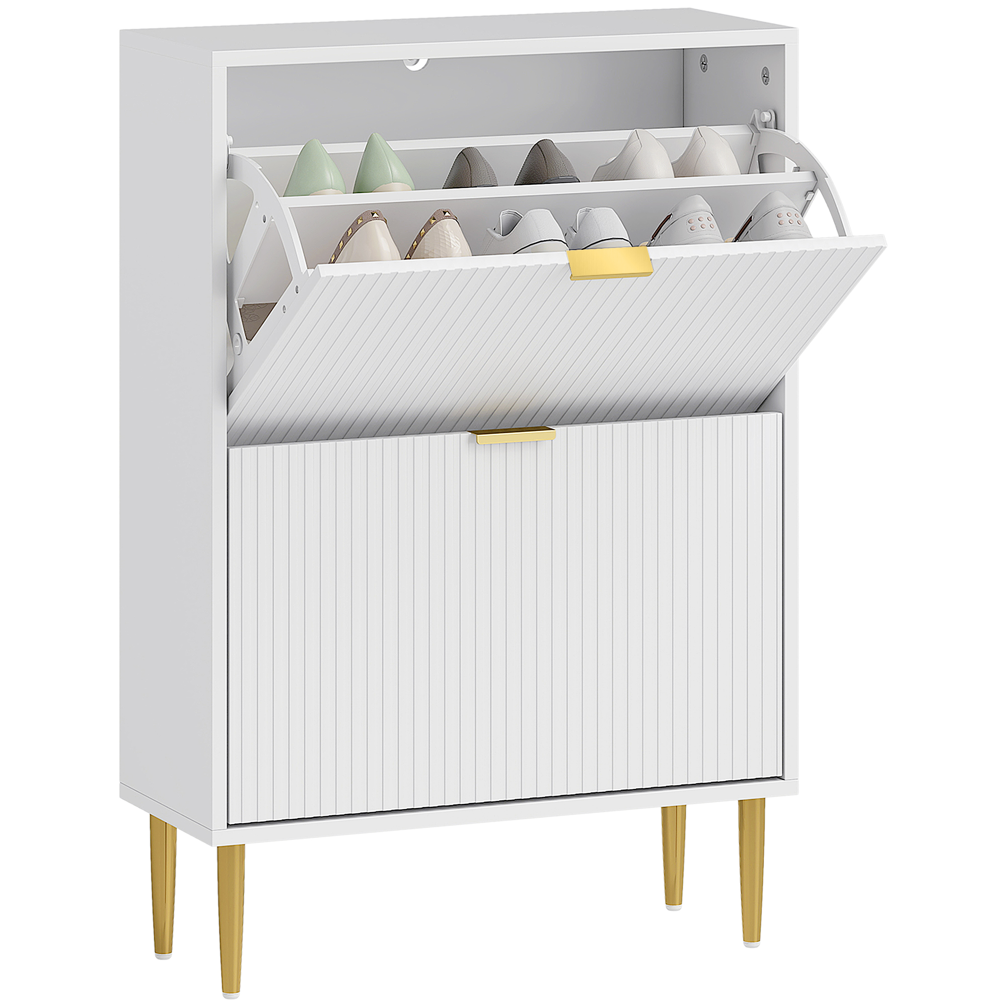 Image of HOMCOM Scarpiera Slim per 12 Paia di Scarpe con 2 Cassetti a Ribalta e Ripiani Regolabili, 60x24x91.5 cm, Bianco Aosom Italy006