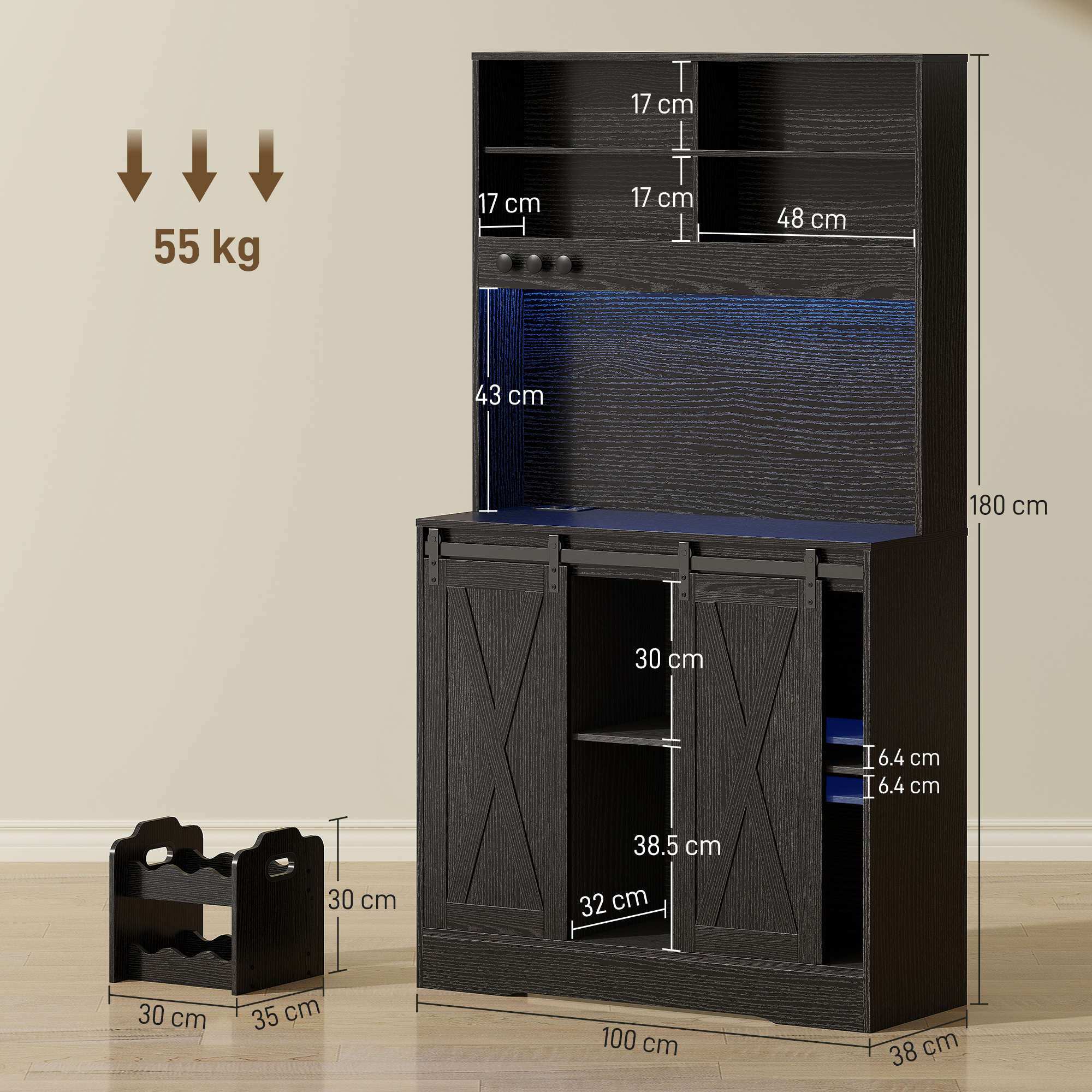  Bufet de Bucatarie cu Suport pentru Sticle, Priza si Iluminare LED, Negru [2]