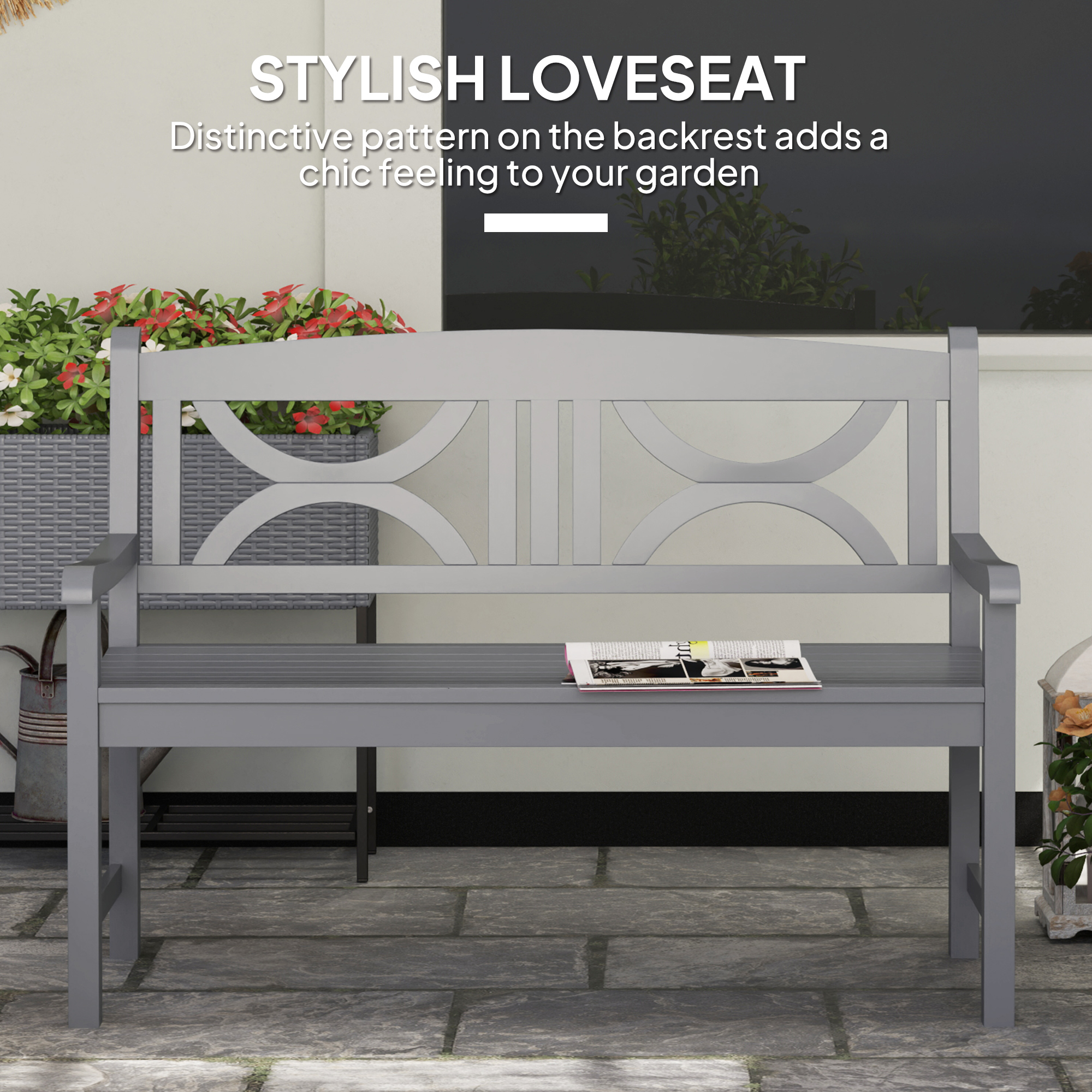 Outsunny 2-Seater Wooden Garden Bench Outdoor Patio Loveseat for Porch, Grey 4